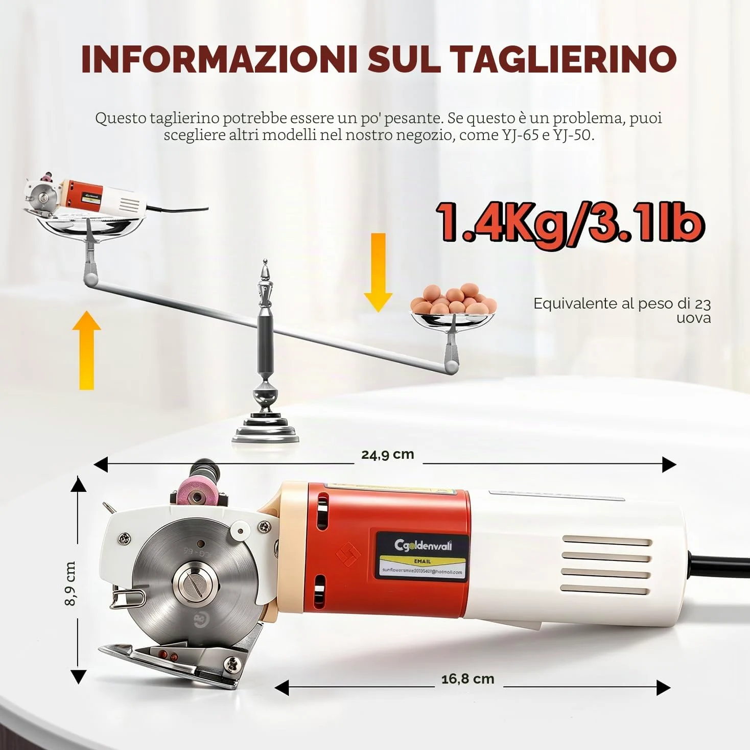 CGOLDENWALL Forbici Elettriche per Tessuti 170W con Rotella di Affilatura Automatica, 1 Lama di Ricambio da 22mm (0,87 pollici) max. Taglio per Pelle, Cartone, Moquette YJ-65