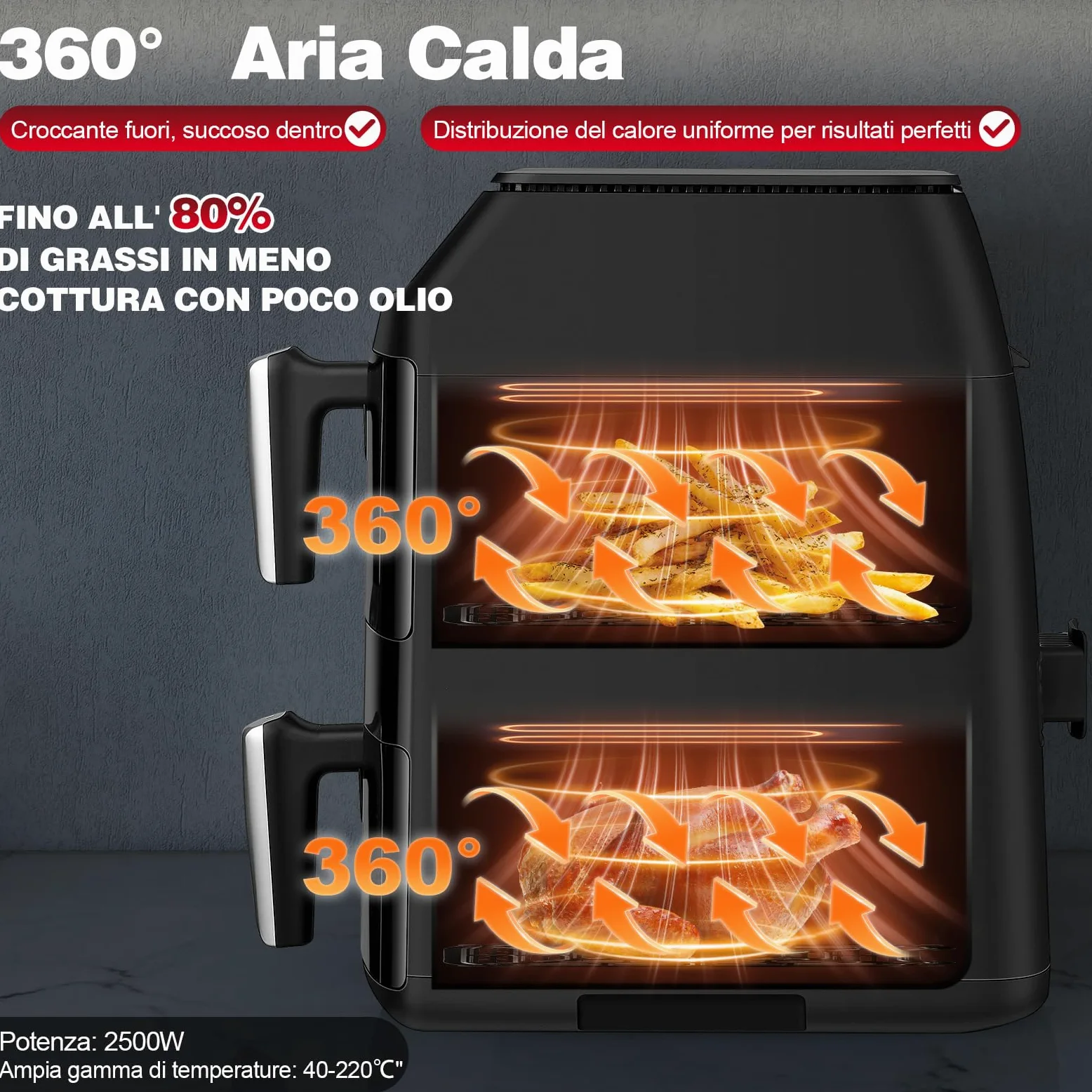 TopStrong Friggitrice ad Aria Doppio Cestello, 11 Litri Air Fryer Verticale 2 Cestelli con Finestra, 40-220℃, 6 Funzioni, Compatta, 2500W, Fino a 8 Persone, Componenti Lavabili in Lavastoviglie