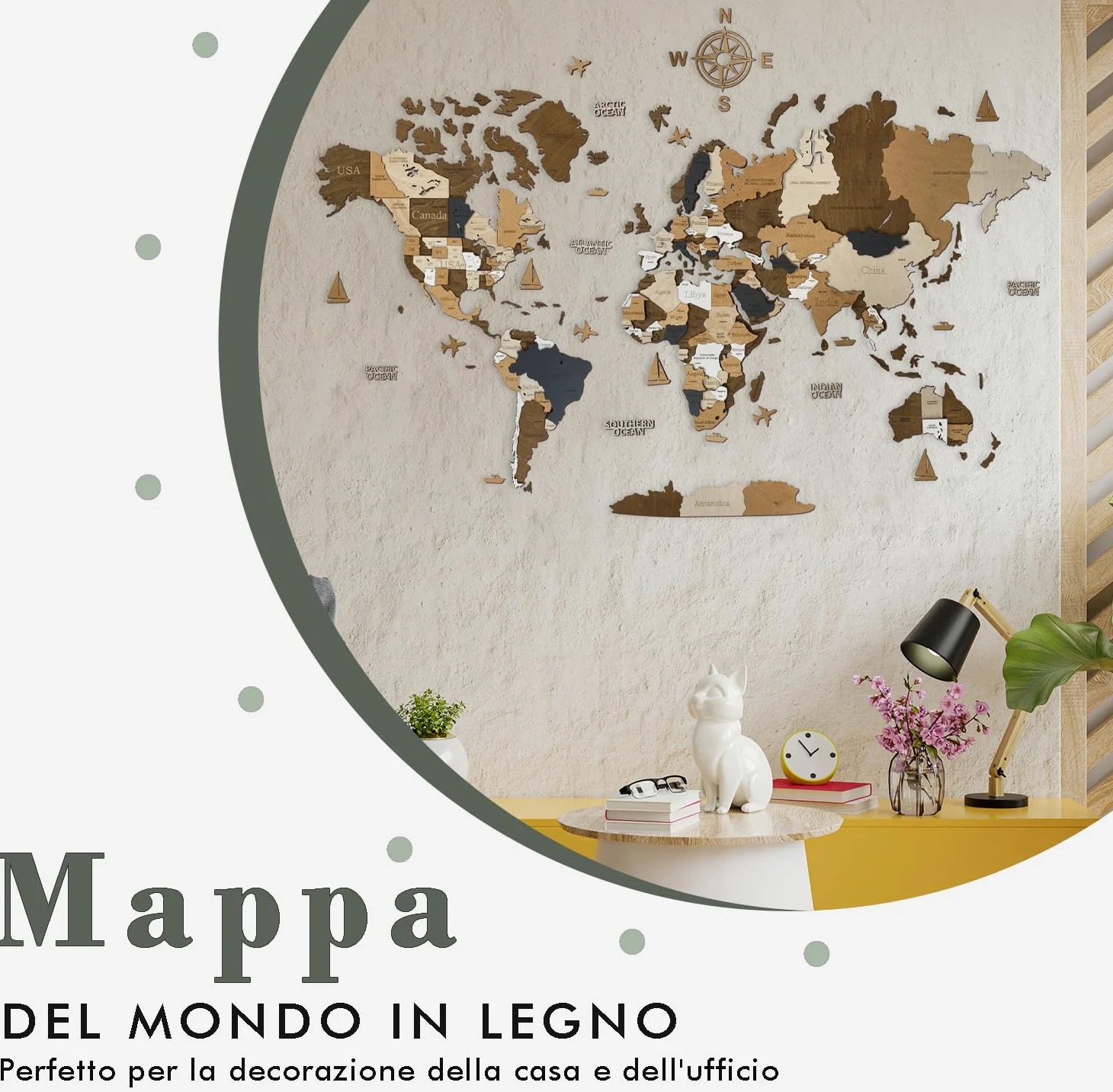 WoodLeo Mappamondo in legno (in italiano) - Decorazione murale in 3D - Dimensioni della mappa (M, L, XL) Idea regalo per ogni occasione - Arte da parete per la casa