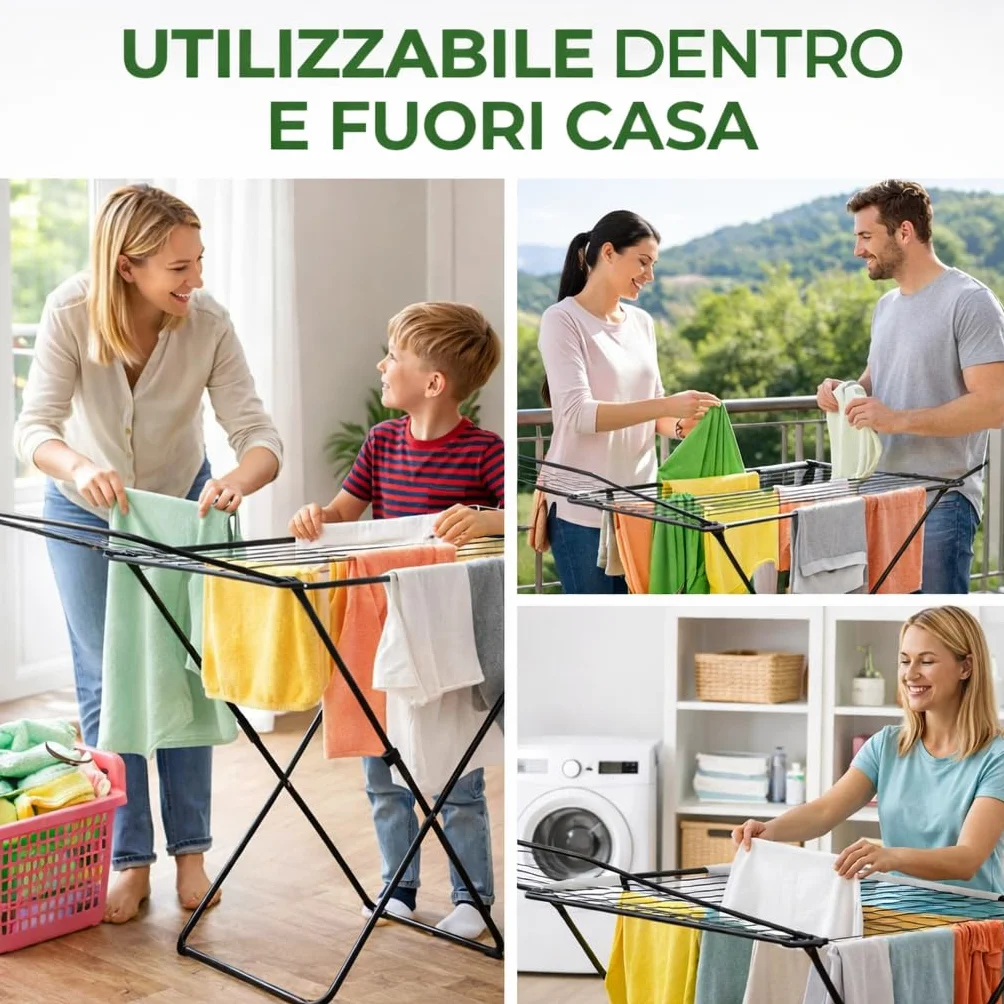 AGRICOLA GIRALDI Stendibiancheria da Pavimento, 18 METRI DI STENDITURA, in Acciaio - Stendino Pieghevole con Piedini Antiscivolo, Sistema Anti-Chiusura, Certificato TÜV-GS, Made in Italy, BLACK