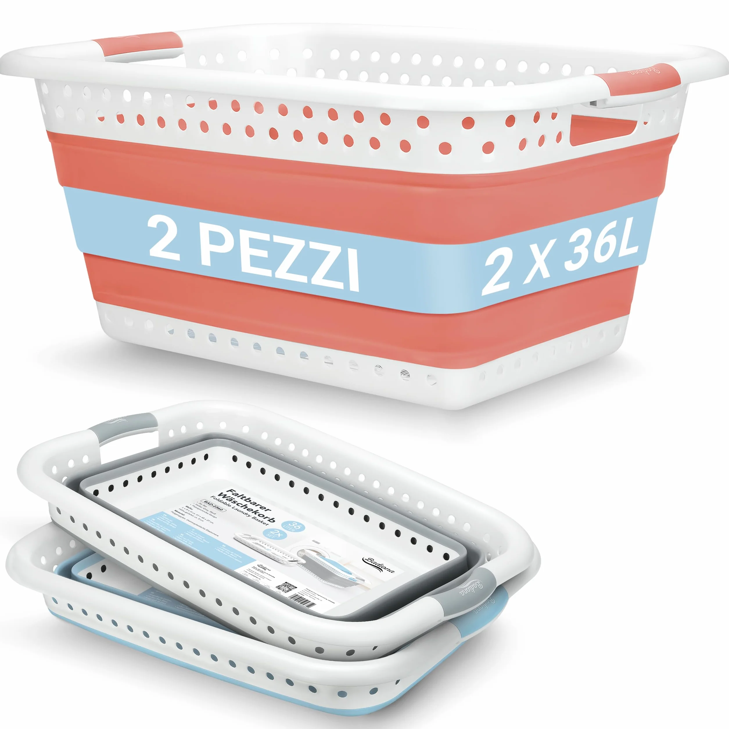 Set di 2 Bacinella pieghevole bucato -2x 36 litri & Uso universale I Cesta portabiancheria pieghevole Catino Cesto portabiancheria da stirare Laundry basket Ceste panni grande Cesti
