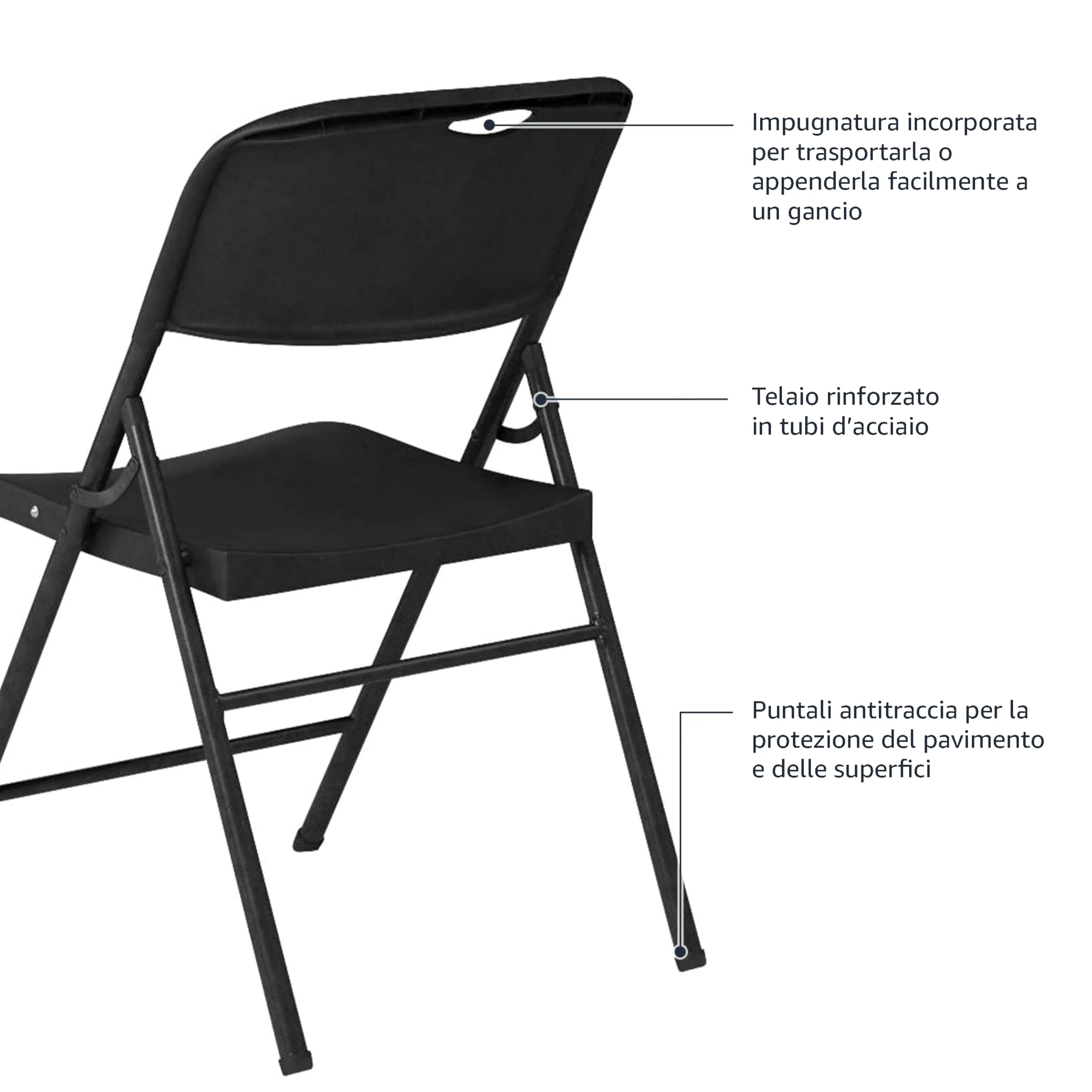 Amazon Basics Set di 4 sedie pieghevoli in plastica e metallo, da campeggio o da cucina, per interni ed esterni, nero, capacità di carico fino a 158 kg