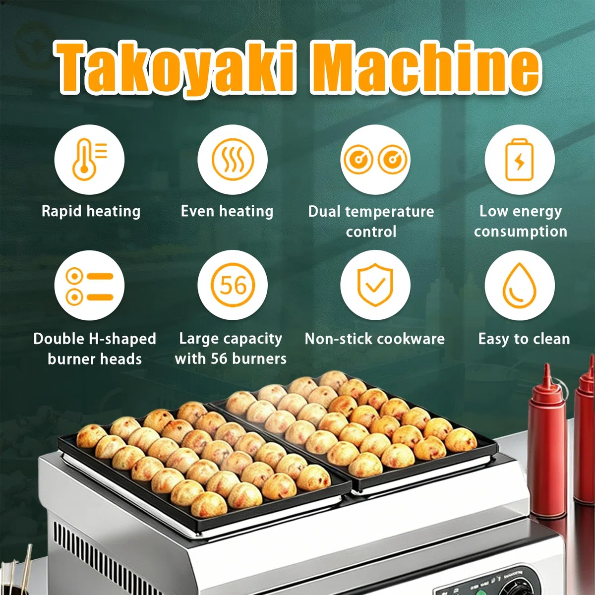 Macchina per polpette di Polpo, 56 Fori, per takoyaki Professionali, con Doppia Piastra Antiaderente, 4200W, Ideale per mercati notturni e Bar