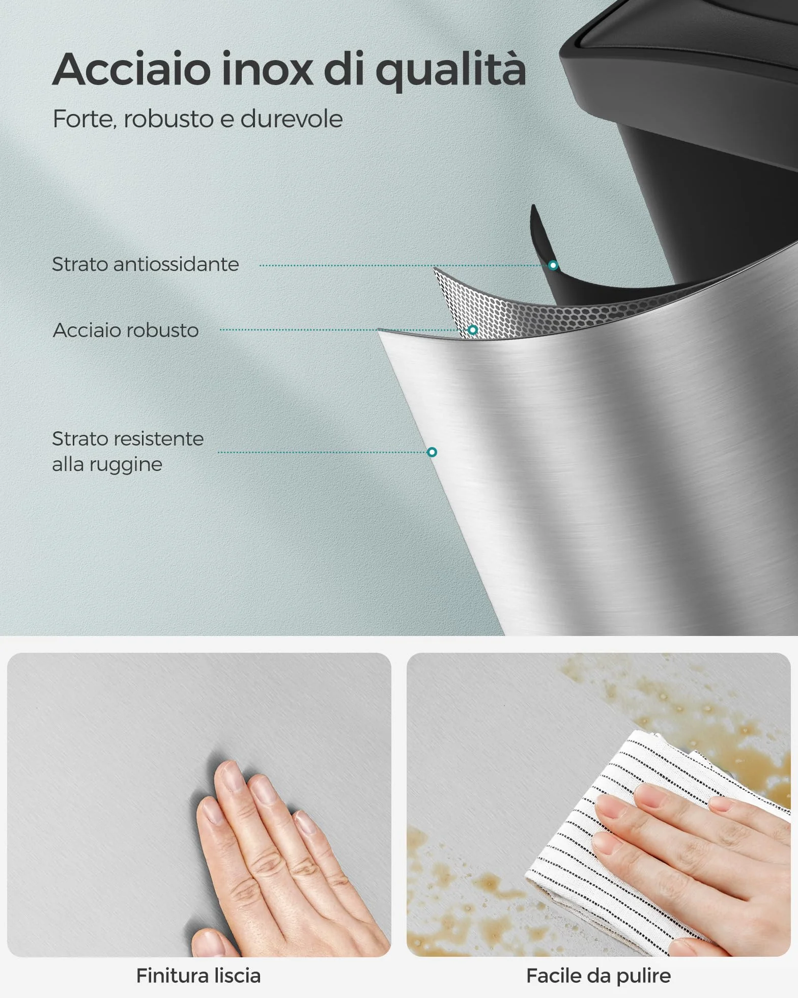 SONGMICS Cestino da Cucina, Pattumiera Tripla per Riciclaggio a Pedale, Metallico da 45 Litri, Raccolta Differenziata, 3 x 15L, con Coperchio, Acciaio, Argento Metallico e Nero Inchiostro LTB45L