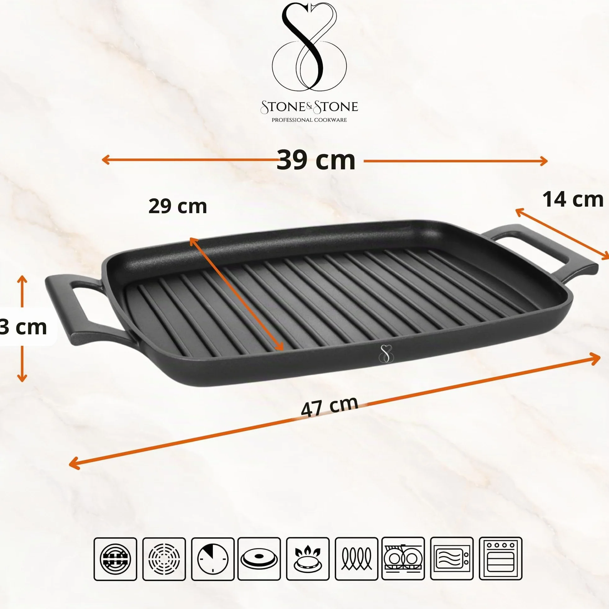 Stone&Stone Bistecchiera Induzione 47 cm Rettangolare, Piastra Grill Antiaderente Ceramico Tedesco, Fondo Acciaio Pieno, Senza PFAS PFOA PTFE