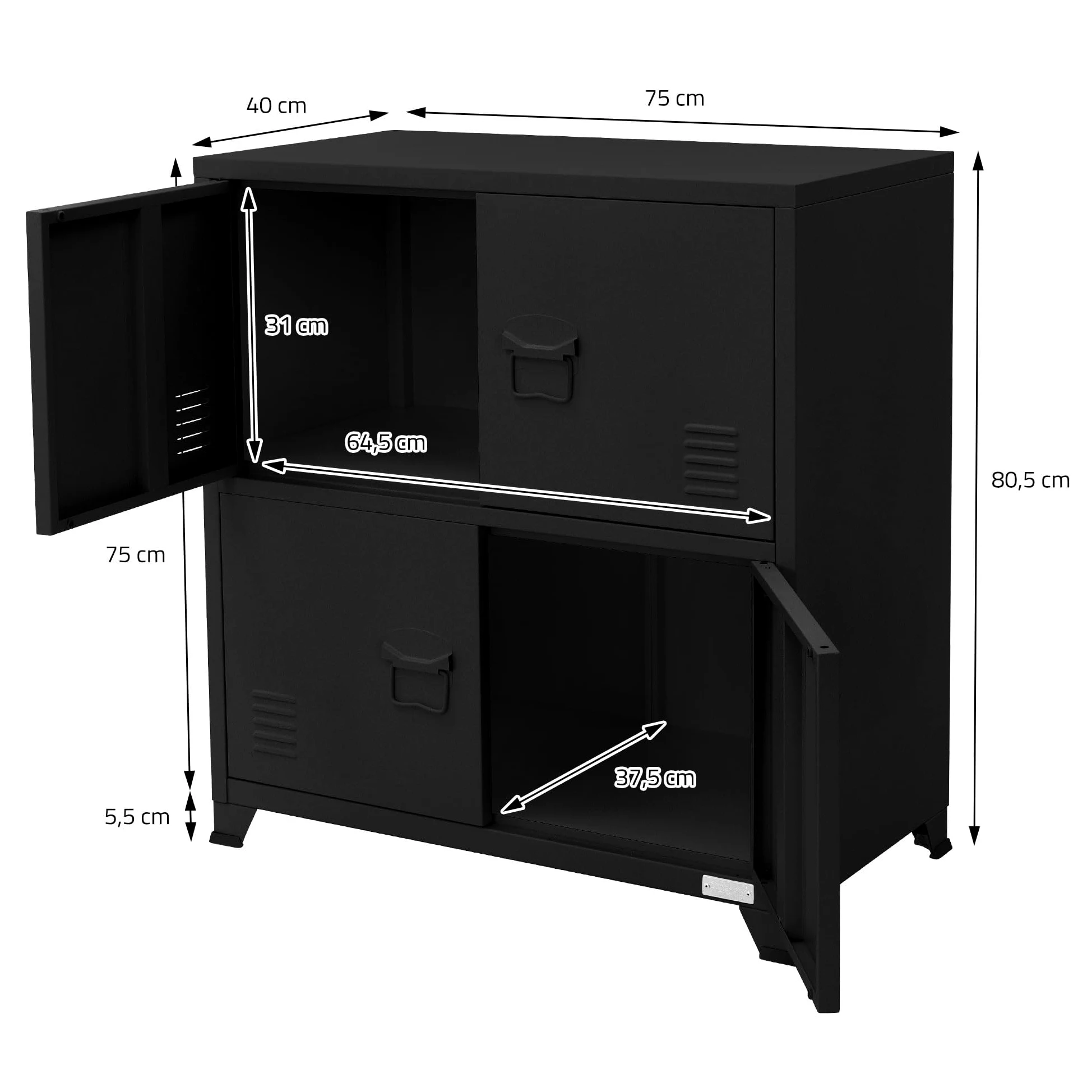 ML-Design Schedario da Ufficio 75x40x80,5 cm Nero Acciaio Mobile a 4 Gambe Armadietto in Metallo 4 Ante 2 Scomparti Interni Armadio Industriale Portadocumenti in Acciaio di Stoccaggio Portaoggetti