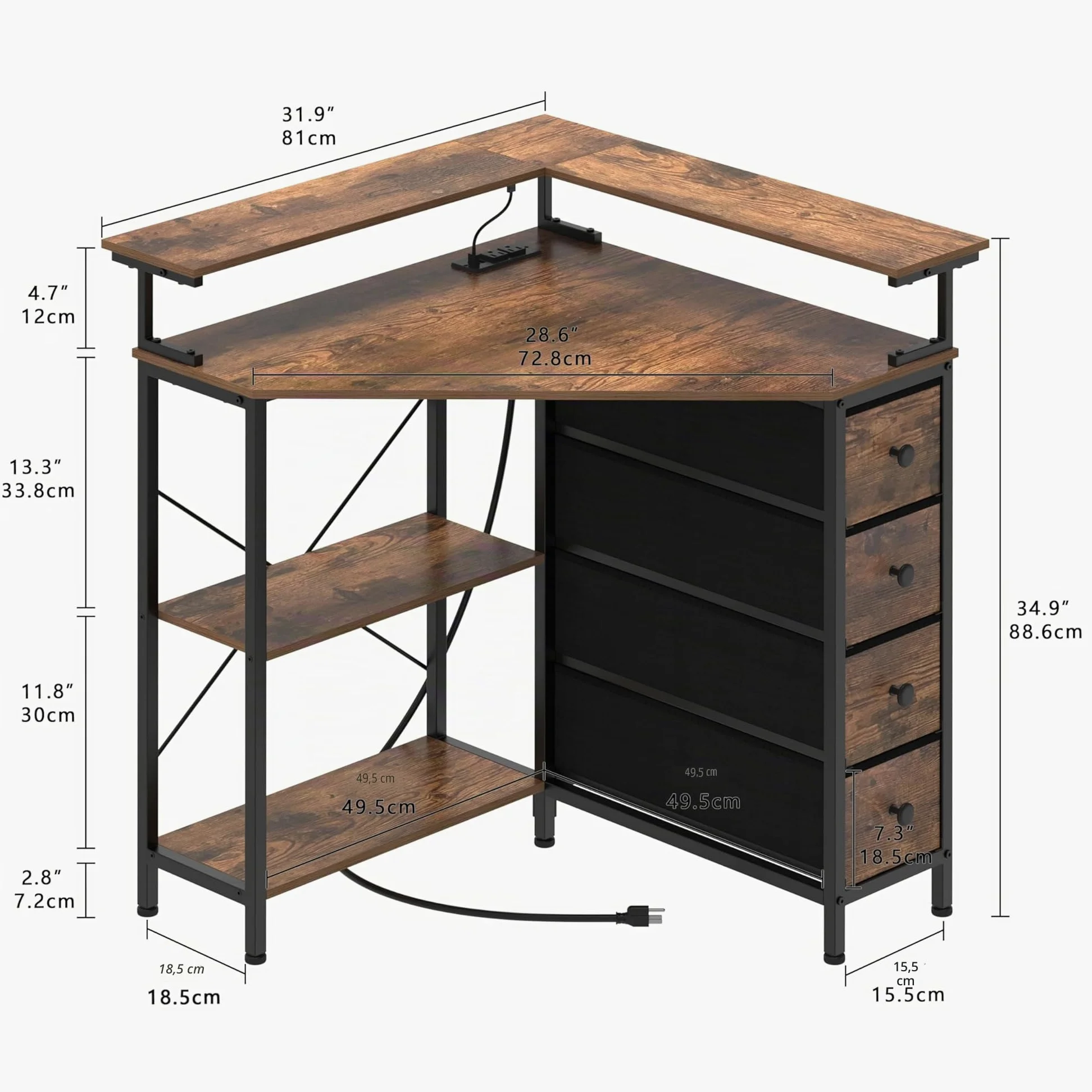 Tohomeor Scrivania angolare con 4 cassetti in tessuto, scrivania con cassetti, tavolo da gioco, scrivania per computer, ufficio, studio, camera da letto (marrone)