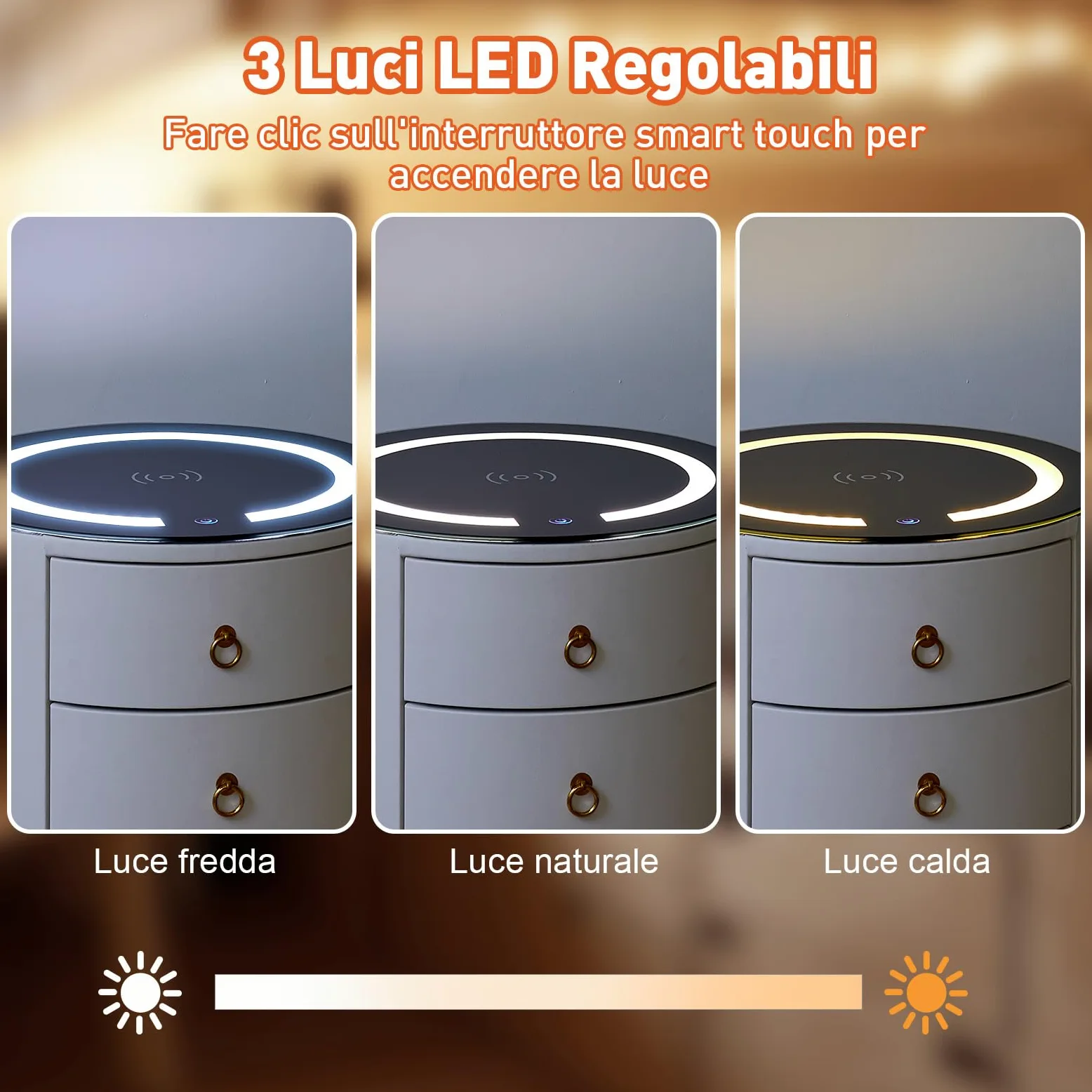 LEMROE Comodino rotondo con luce LED regolabile e stazione di ricarica wireless in vetro, Comodino intelligente con 3 cassetti, Tavolino da camera da letto (1, Bianco)