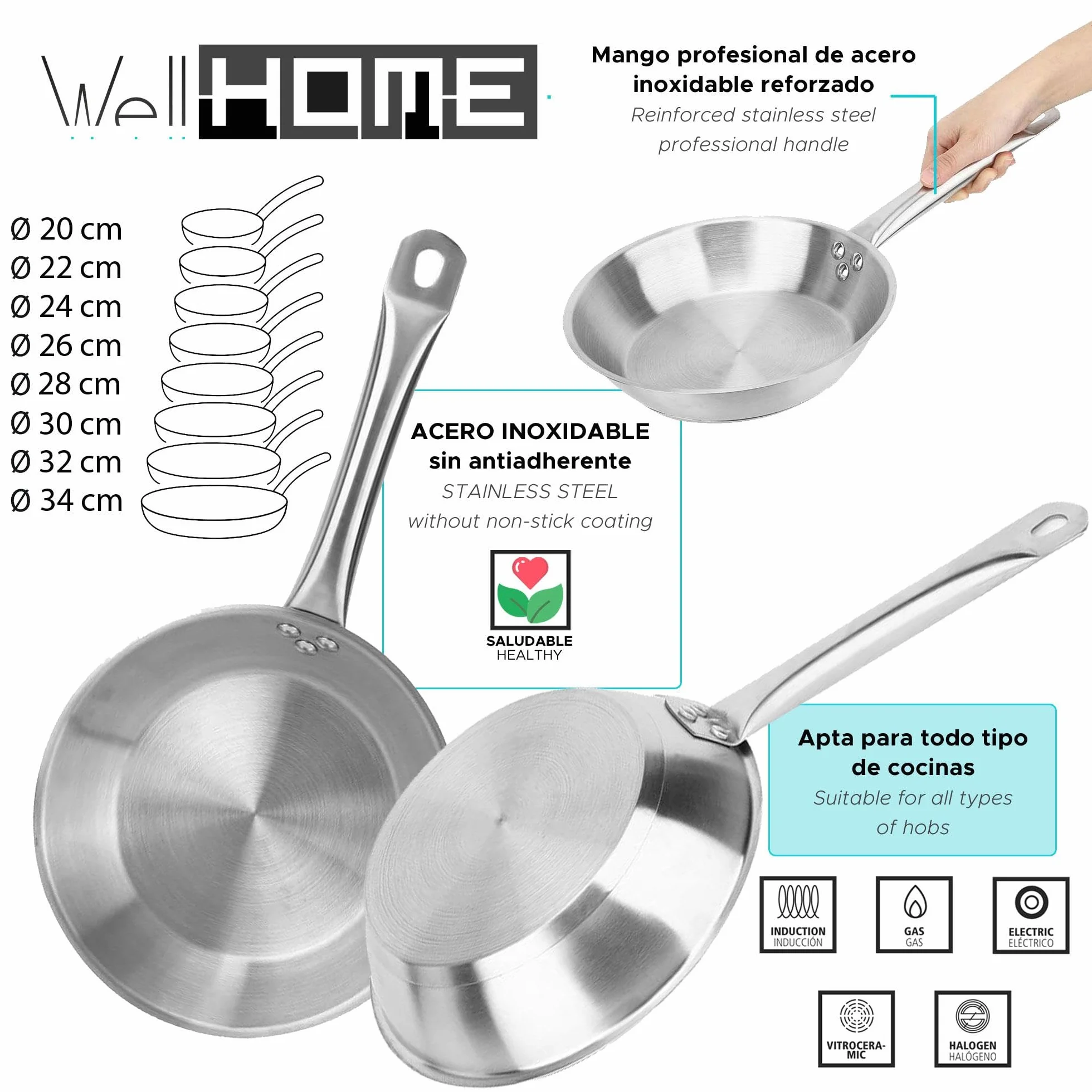 Well Home Set di 5 padelle Ø20Ø24Ø28Ø30Ø32cm in acciaio inox, adatte per induzione e senza antiaderente