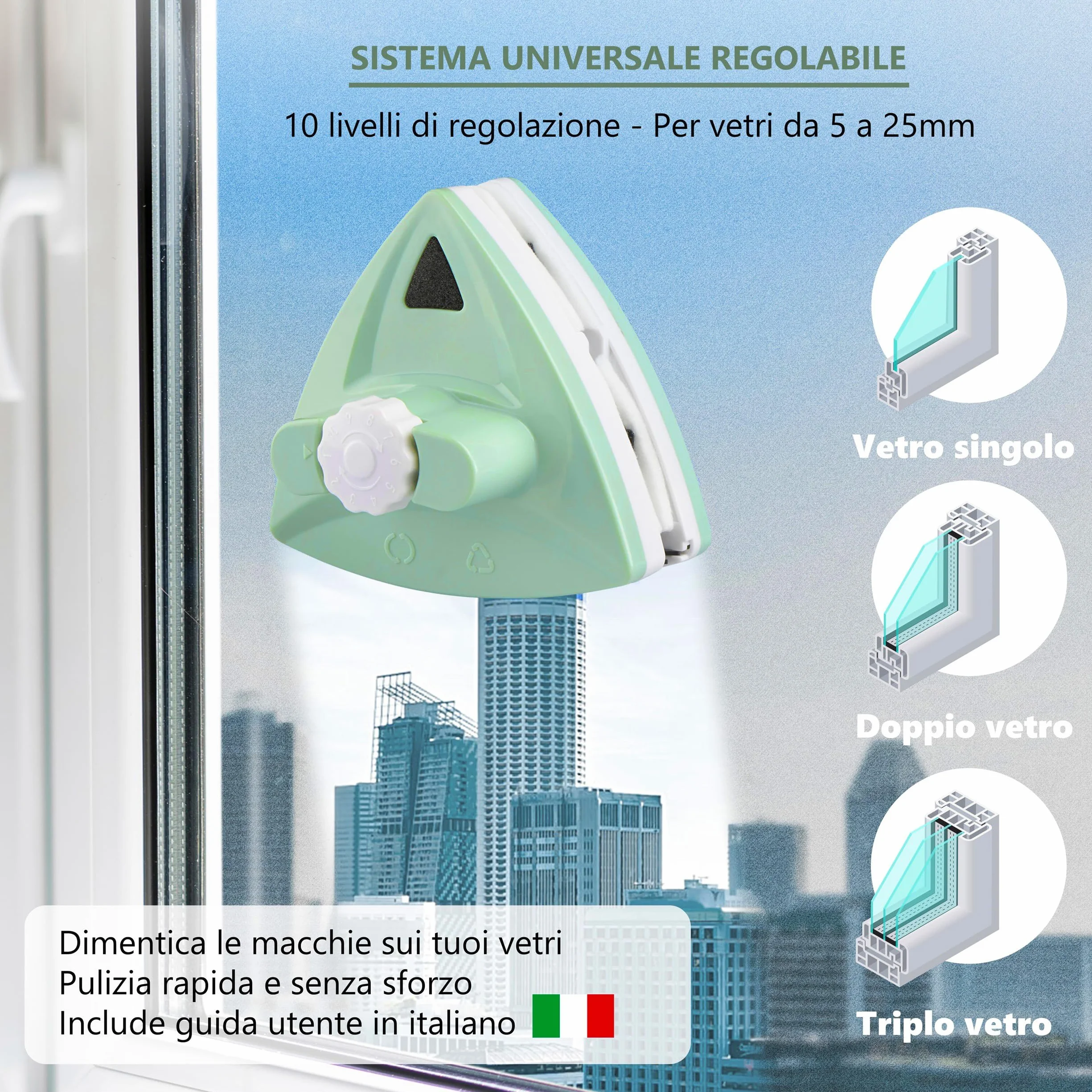 Lavavetri Magnetico per Doppio Vetro Regolabile 5-25 mm - Pulisci Vetri Magnetico Doppio Vetro con 10 Livelli di Regolazione, 30 panni di Pulizia, 4 Gomme, 1 Panno in Microfibra e 1 Borsa