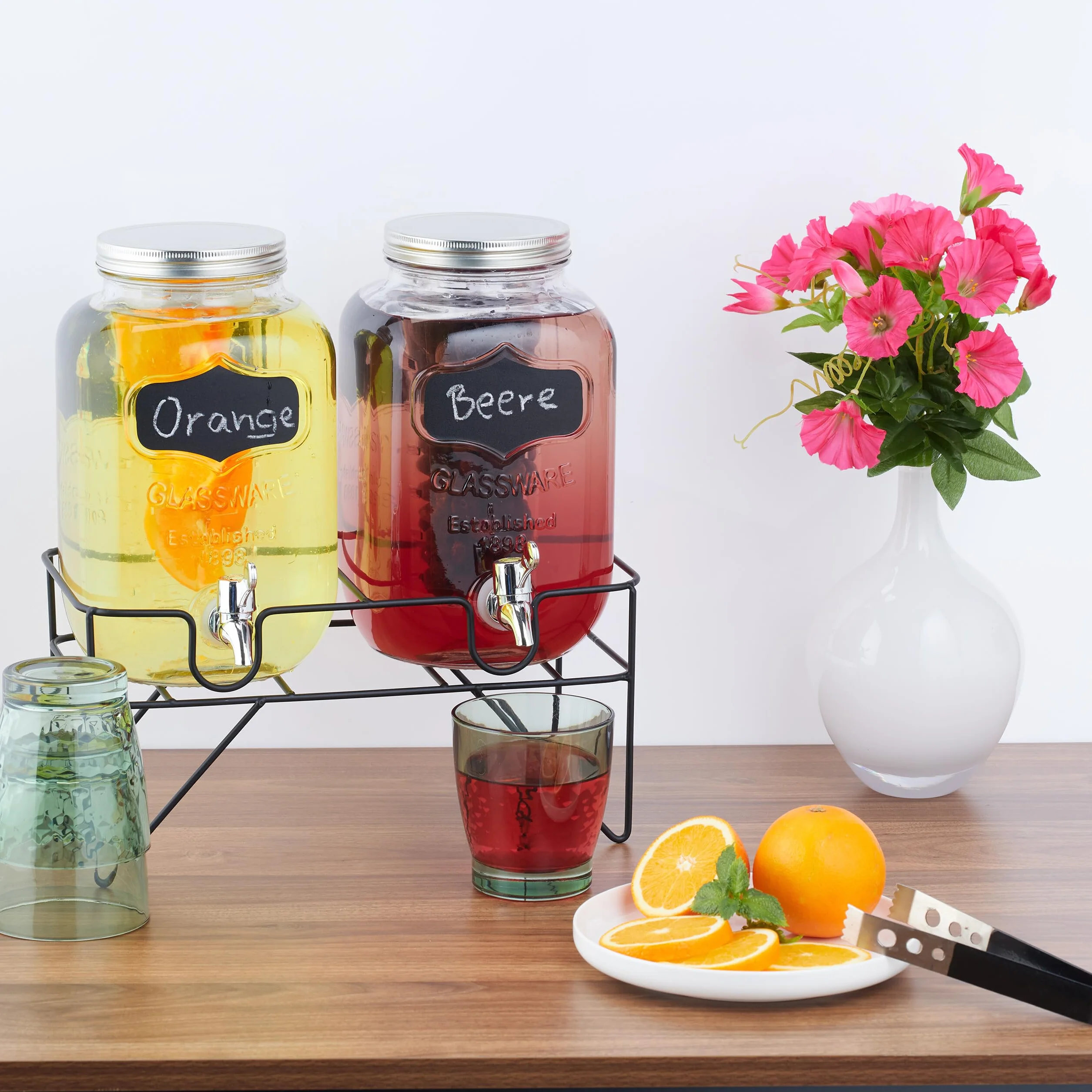 Relaxdays 2 Dispenser Vetro 4 L Rubinetto Supporto Distributore Acqua Limonate