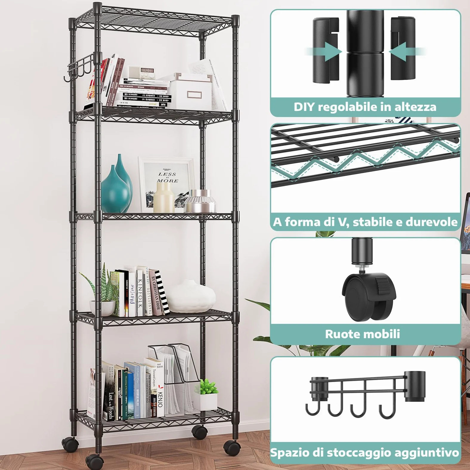Himimi Scaffali in Metallo a 5 Ripiani con Ruote, Regolabile in Altezza Scaffalatura per Riporre Oggetti Pesanti,Organizzatore per Garage, Cucina, Soggiorno,59cmW * 35cmD* 183cmH Nero.