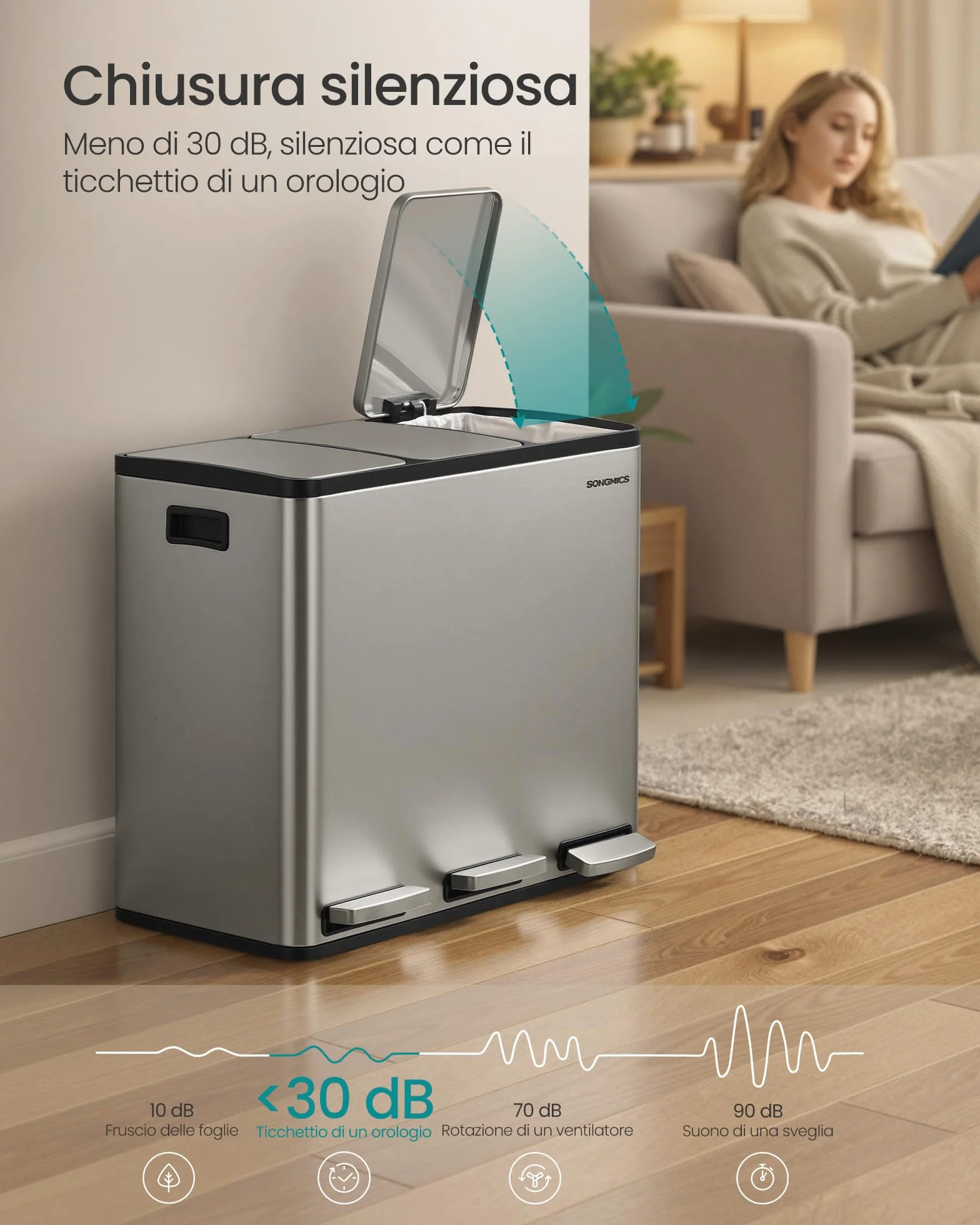 SONGMICS Pattumiera Cucina 3 x 18 L, Cestino per Raccolta Differenziata 3 Scomparti, 15 Sacchetti, Secchi Rimovibili, Coperchio, Maniglie, Chiusura Morbida, Acciaio Inox, Argento LTB254EZ01