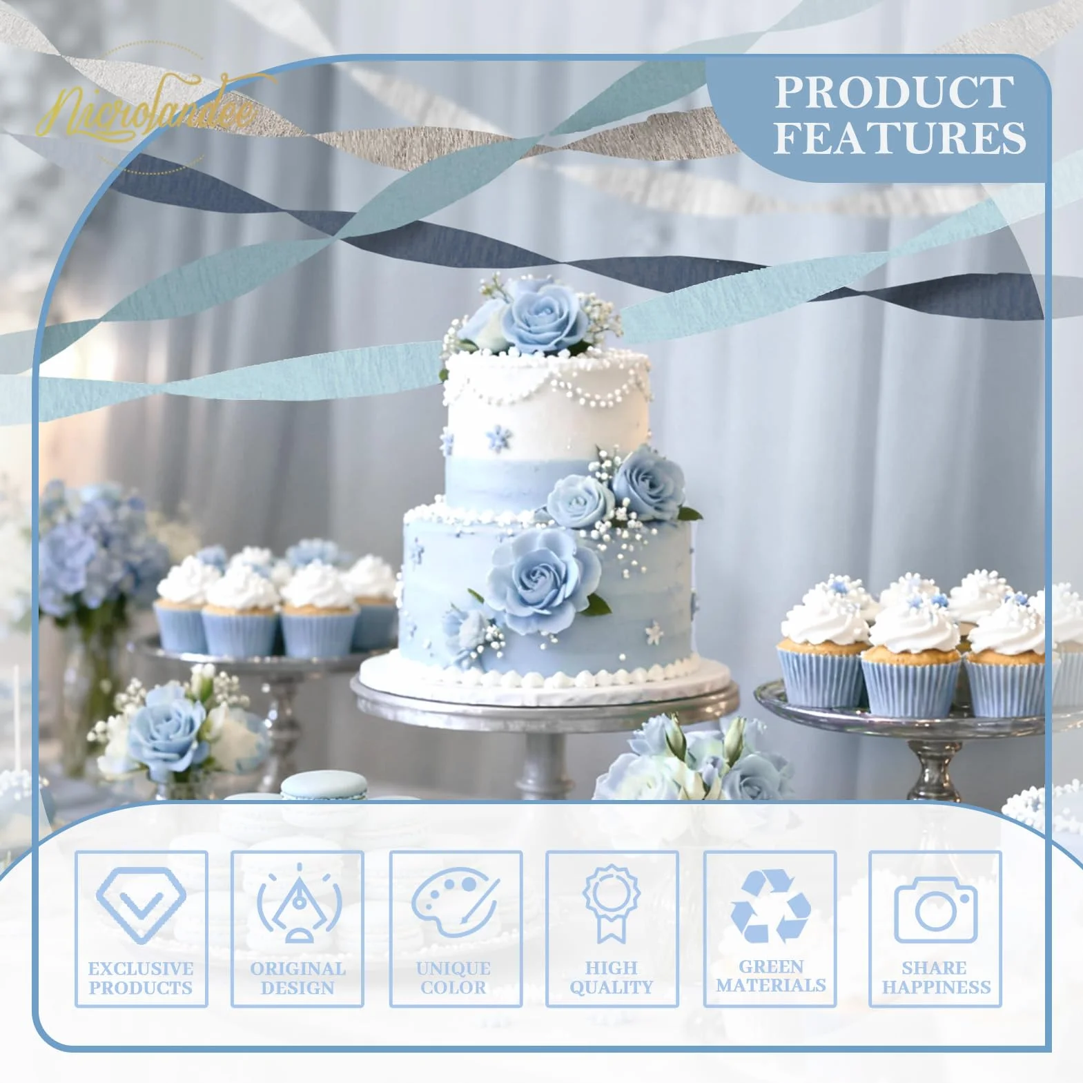 NICROLANDEE Carta Crespa Blu Polvere 5 Rotoli Decorazioni Matrimonio Compleanno Something Blue