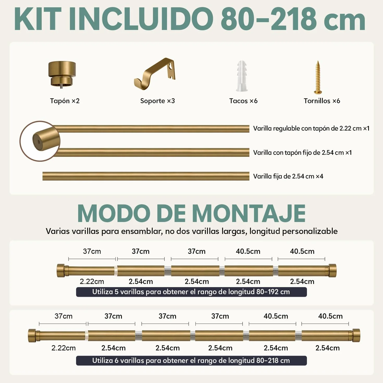Asta per Tende Allungabile 80-218 cm Ottone 25 mm Soffitto Parete Metallo