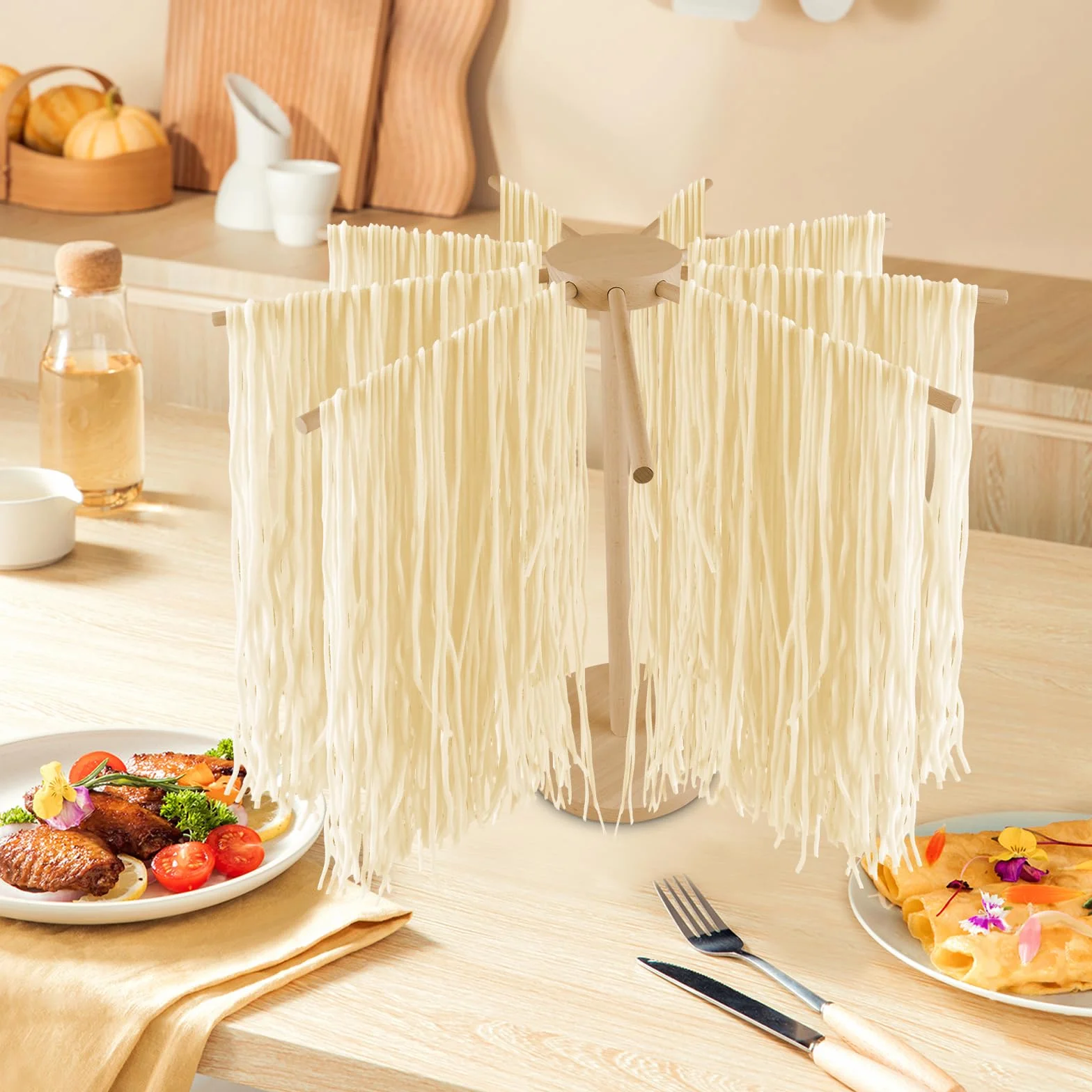 Stendino per la pasta in legno: Stendino per pasta pieghevole in legno con 9 bracci rimovibili per fino a 4,5 kg, supporto per pasta riutilizzabile e versatile con base pieghevole per pasta
