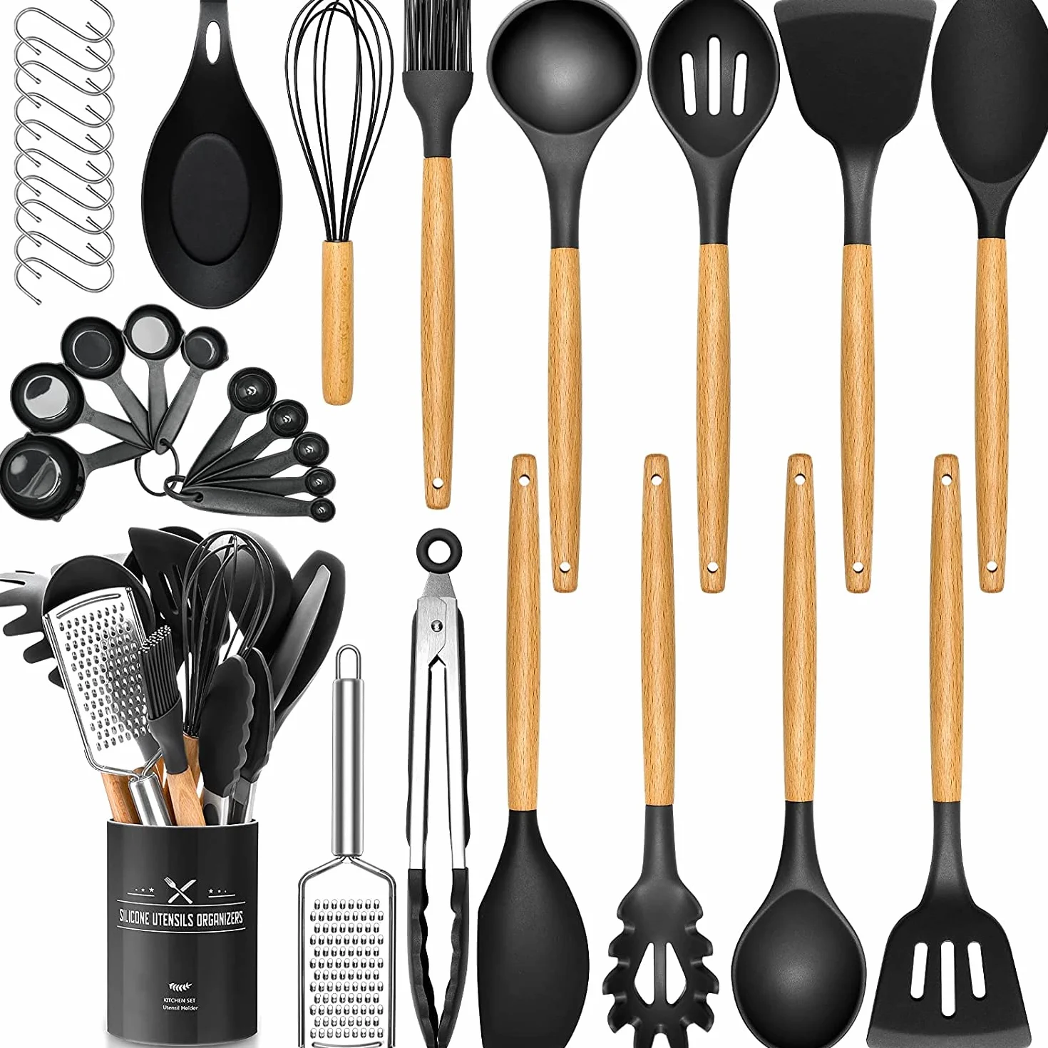 Set di 34 utensili da cucina in silicone, resistenti al calore, con manici in acciaio inossidabile di alta qualità, per cucinare e cuocere, spatole antiaderenti, utensili da cucina (nero)