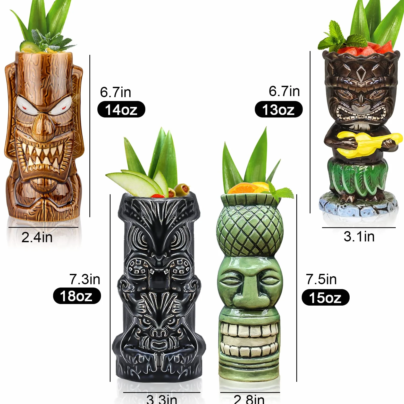 Tiki Tazze per cocktail in ceramica hawaiana, set di 4 grandi
