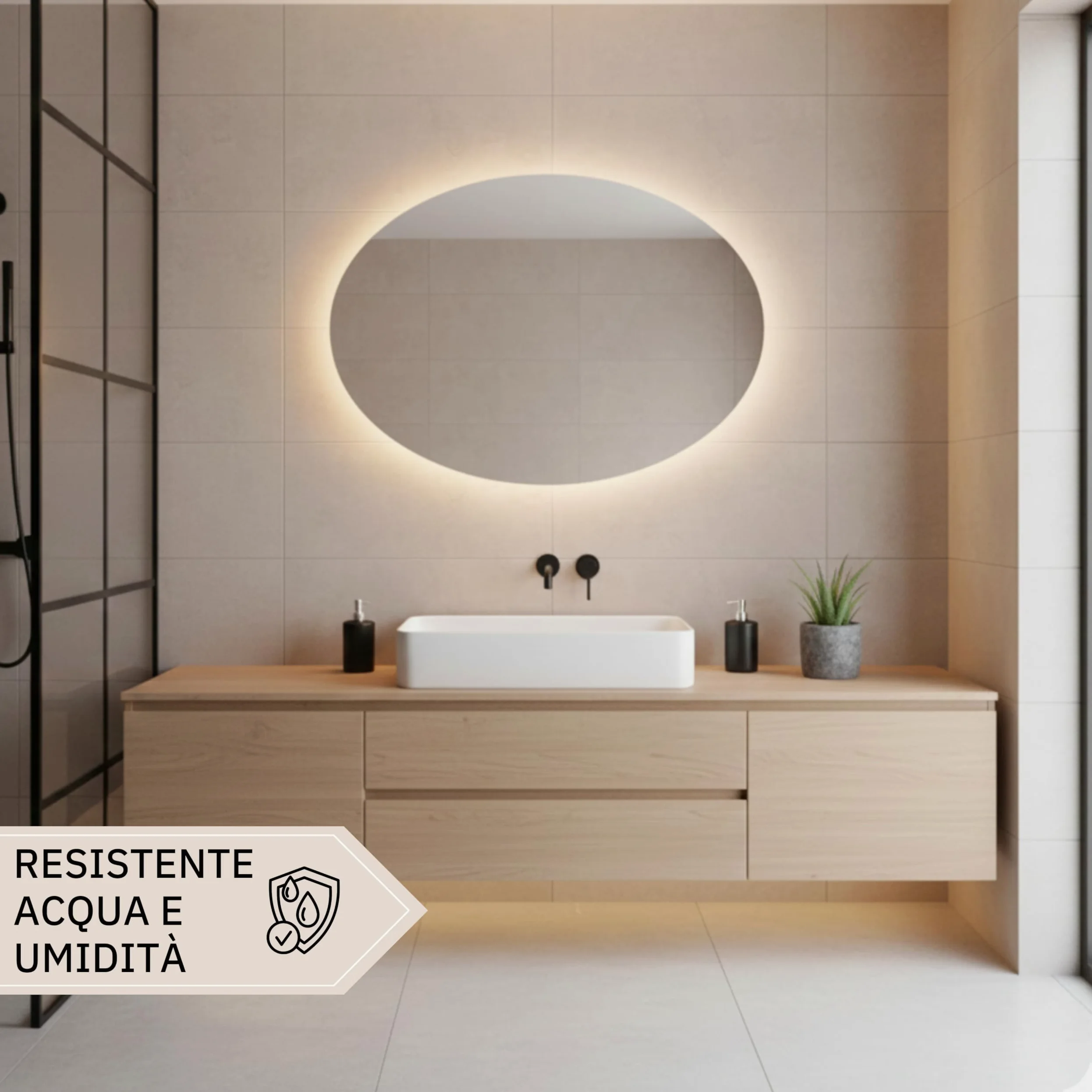 STYLE GLASS MOSES 80x60cm - Specchio con Striscia LED 4000K - Specchio bagno Ovale MOSES - Specchio da parete - Specchio con led - Specchiera Bagno Made in Italy Bordo Filo Lucido Moderno