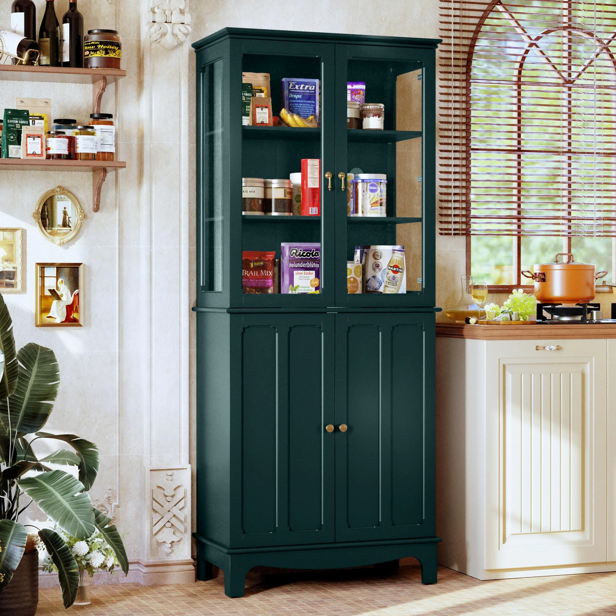 HOLTICO Vetrina Espositiva Soggiorno, Armadio Cucina Indipendente con Ante in Vetro e Legno, Cristalliera Classica con Ripiani Regolabili, Mobili Cucina per Collezionismo, Cucina e Soggiorno, verde