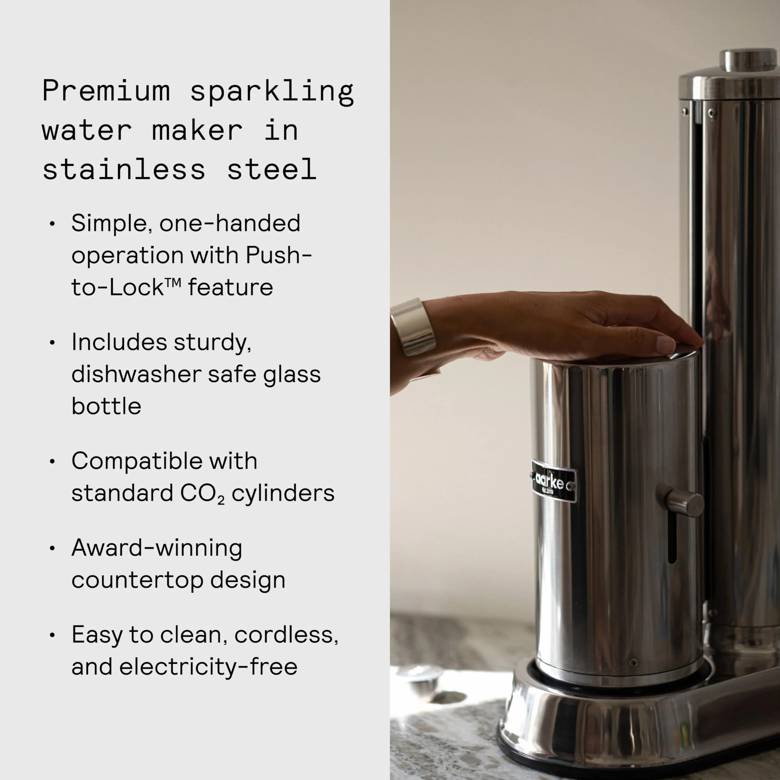 Aarke Carbonator Pro, Gasatore d’acqua con Bottiglia di Vetro, Finitura Acciaio