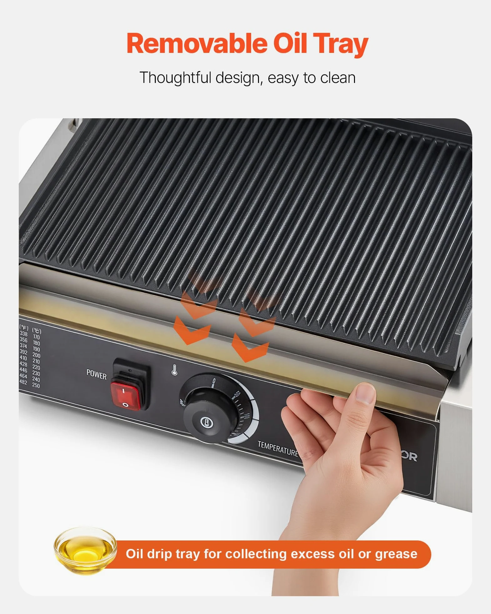 VEVOR Piastra Elettrica per Panini Professionale, 2200 W, in Acciaio Inox con Maniglia e Controllo della Temperatura, Piastra Smaltata Scanalata Completa da 34 x 23 cm, per Bistecche, Pancetta