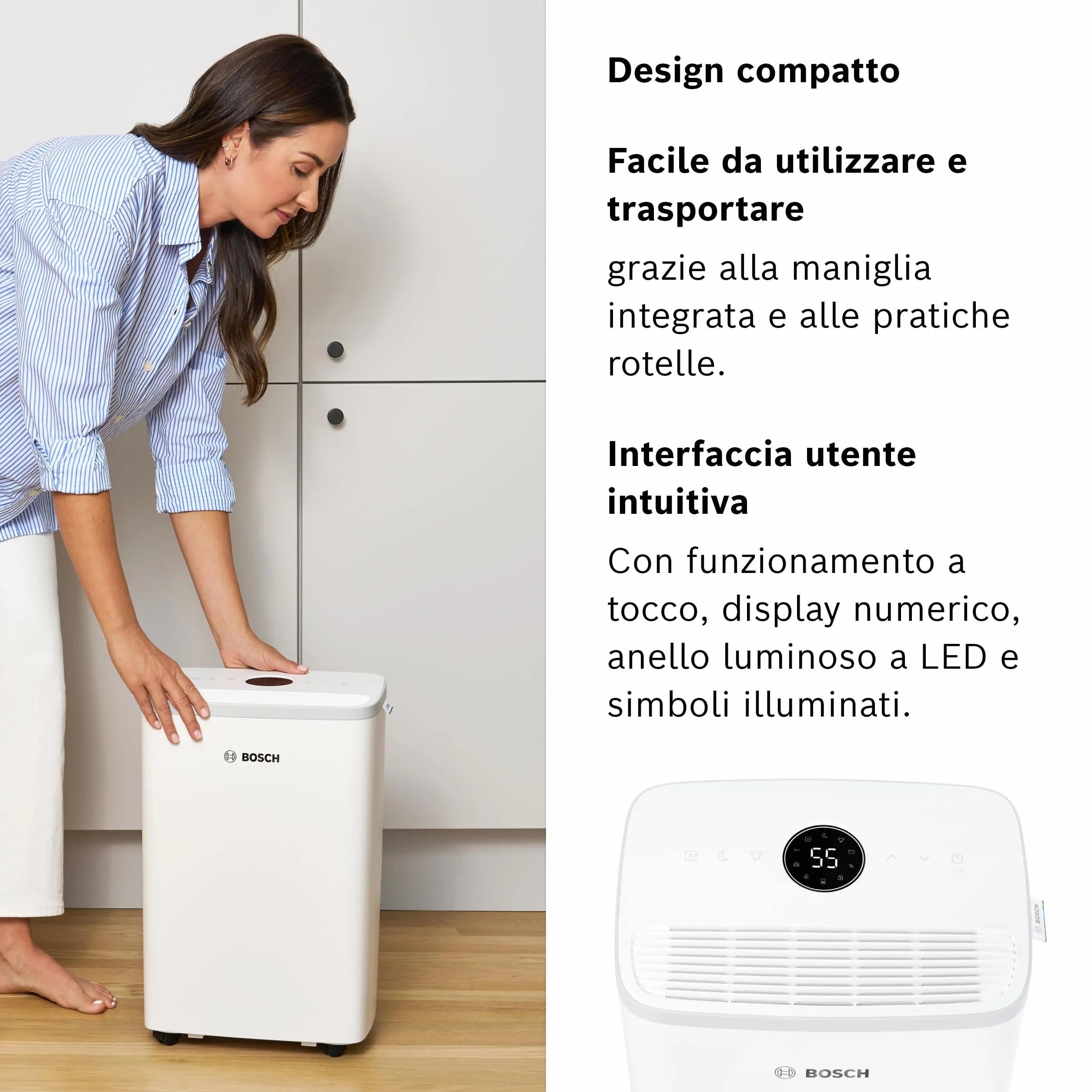 Bosch Dry 2000 - Deumidificatore - Facile. Efficiente. Tranquillo. Per la tua casa e la tua camera da letto - Per Stanze fino a 24 m² - Asciugatura rapida per il tuo bucato
