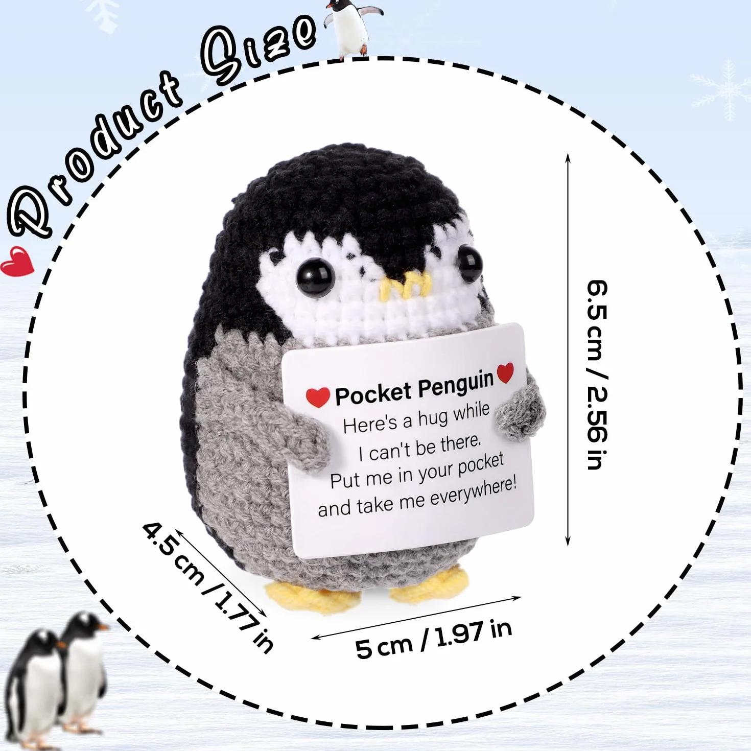 BOXOB Divertente pinguino tascabile, 6,6 cm, lavorato a maglia, con biglietto, grazioso pinguino in lana all'uncinetto, regalo creativo per incoraggiare la casa, per amici e familiari, incoraggiamento
