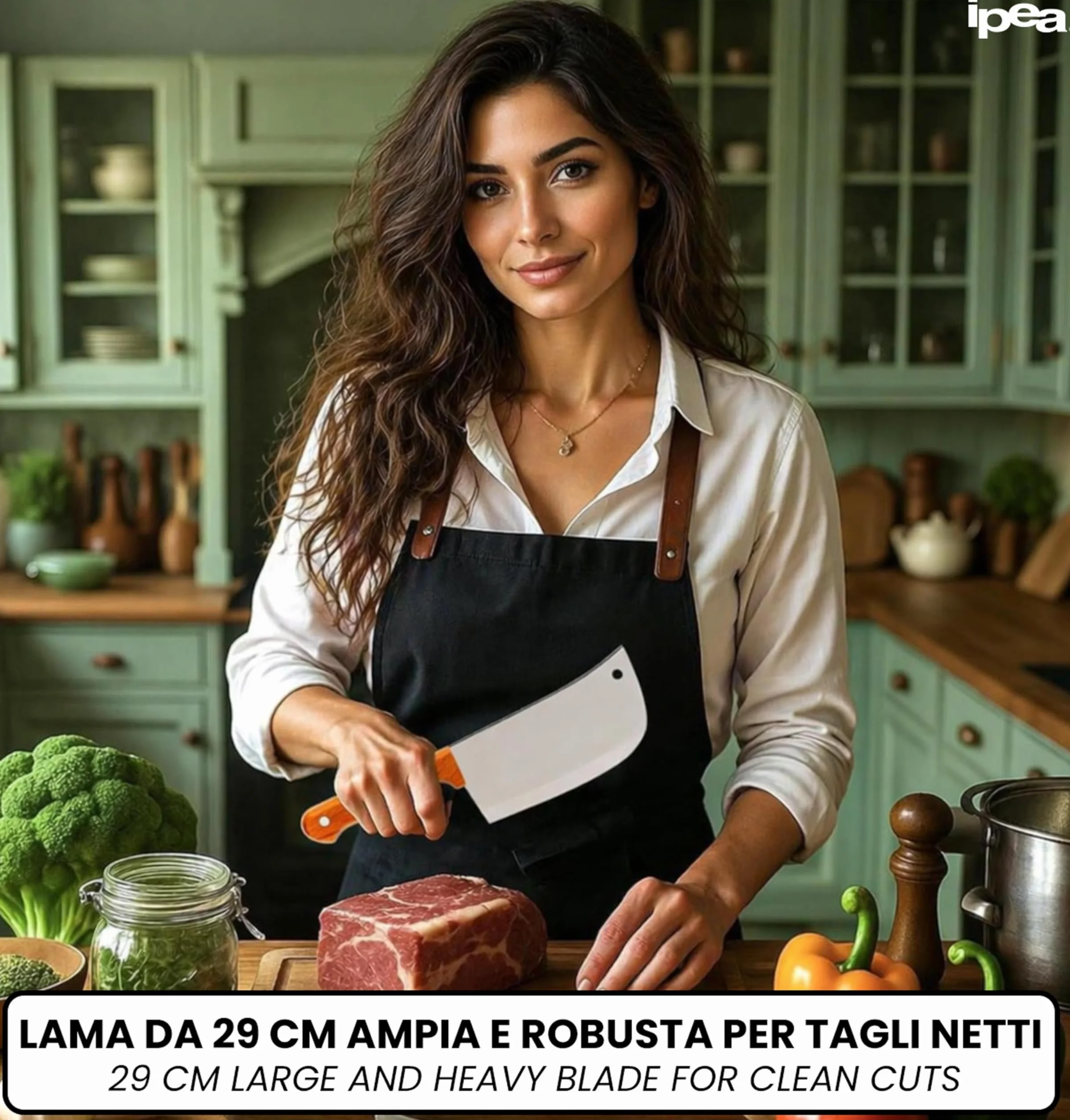 IPEA Mannaia da Cucina 29 cm - Coltello da Chef Professionale con Lama Affilata in Acciaio Inox per Tagliare Carne ed Alimenti - Impugnatura Ergonomica in Legno per Cuoco o Macellaio