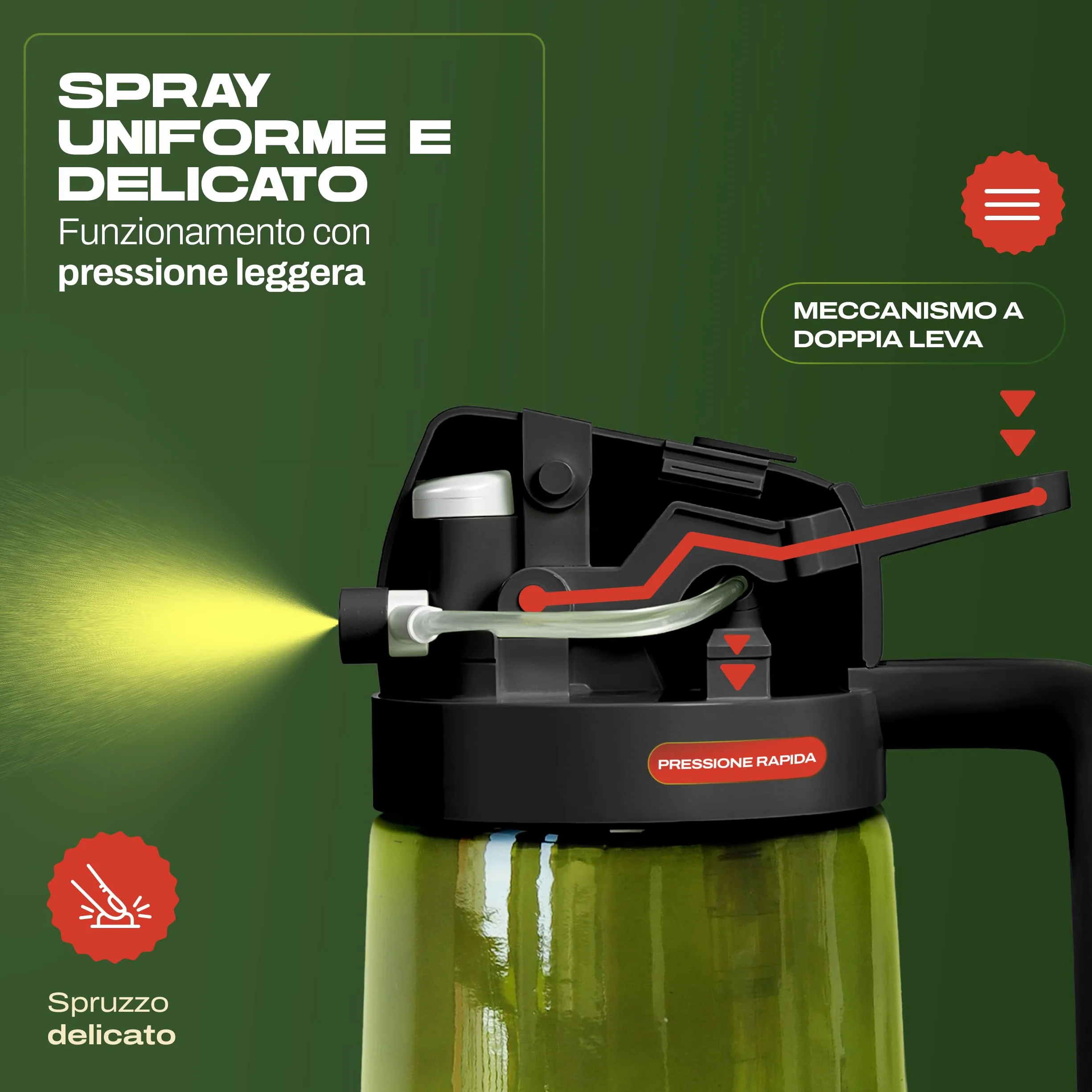 PORTENTUM Spruzzino olio per friggitrice aria 470 ml 2 in 1 spray e versamento – Oliera spray vetro verde protezione dalla luce – Nebulizzatore insalate e grigliate