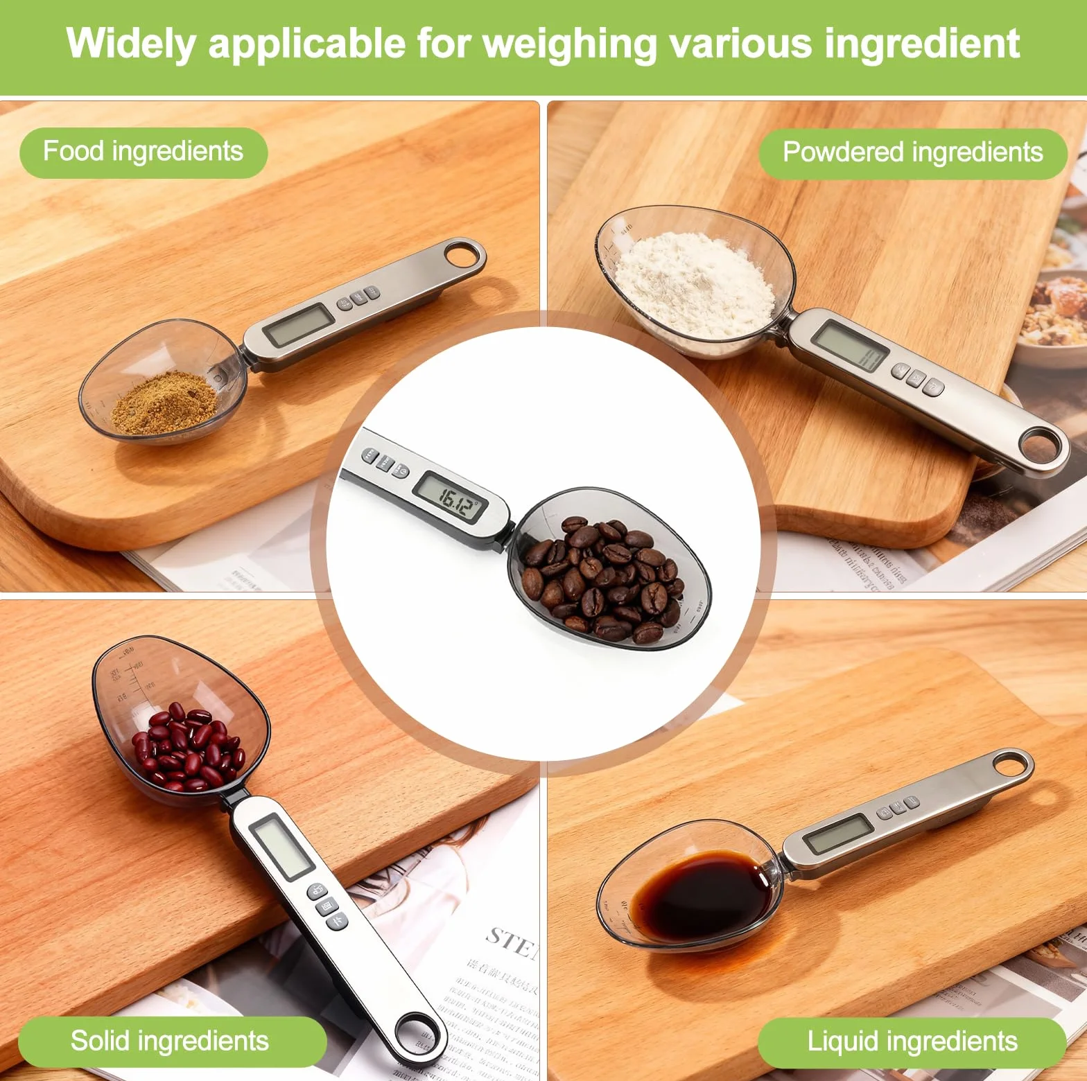 Cucchiaio bilancia digitale precisione misure da 0,1g a 500g 2 testa a cucchiaio diverse electronic spoon scale multifunzionale con diverse unità di misura frontale in acciaio inossidabile argentato