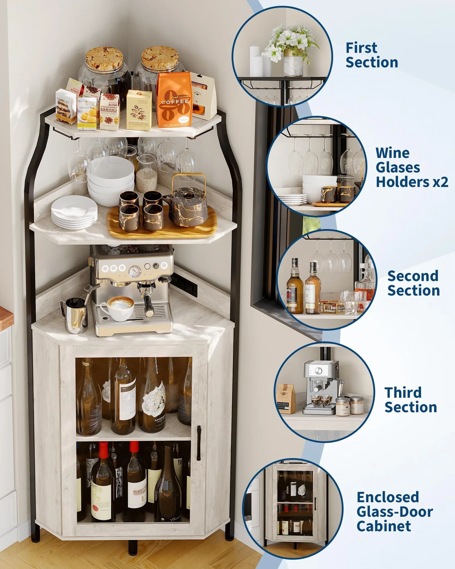 Mobile bar angolare 68" con luci LED, porta in vetro, presa elettrica - Portabottiglie e portabicchieri, 4/5 ripiani regolabili, stile farmhouse rustico per soggiorno o sala da pranzo -