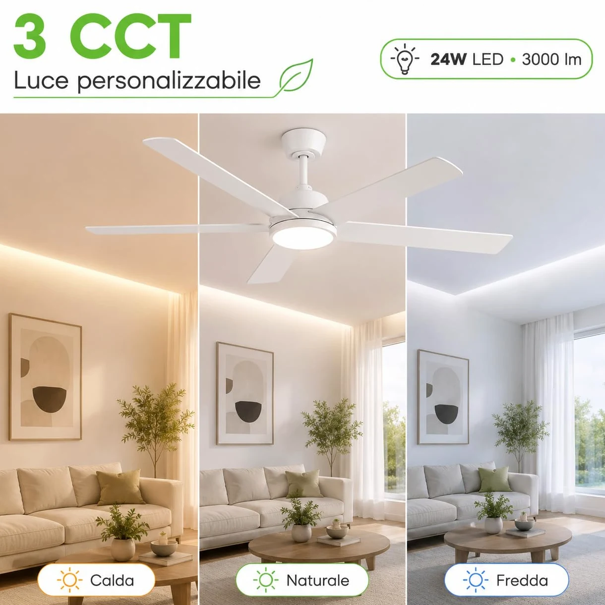 ON FREDO Ventilatore da Soffitto con Luce LED Regolabile, per Interno e Esterno, Motore Silenzioso e Telecomando - Bianco