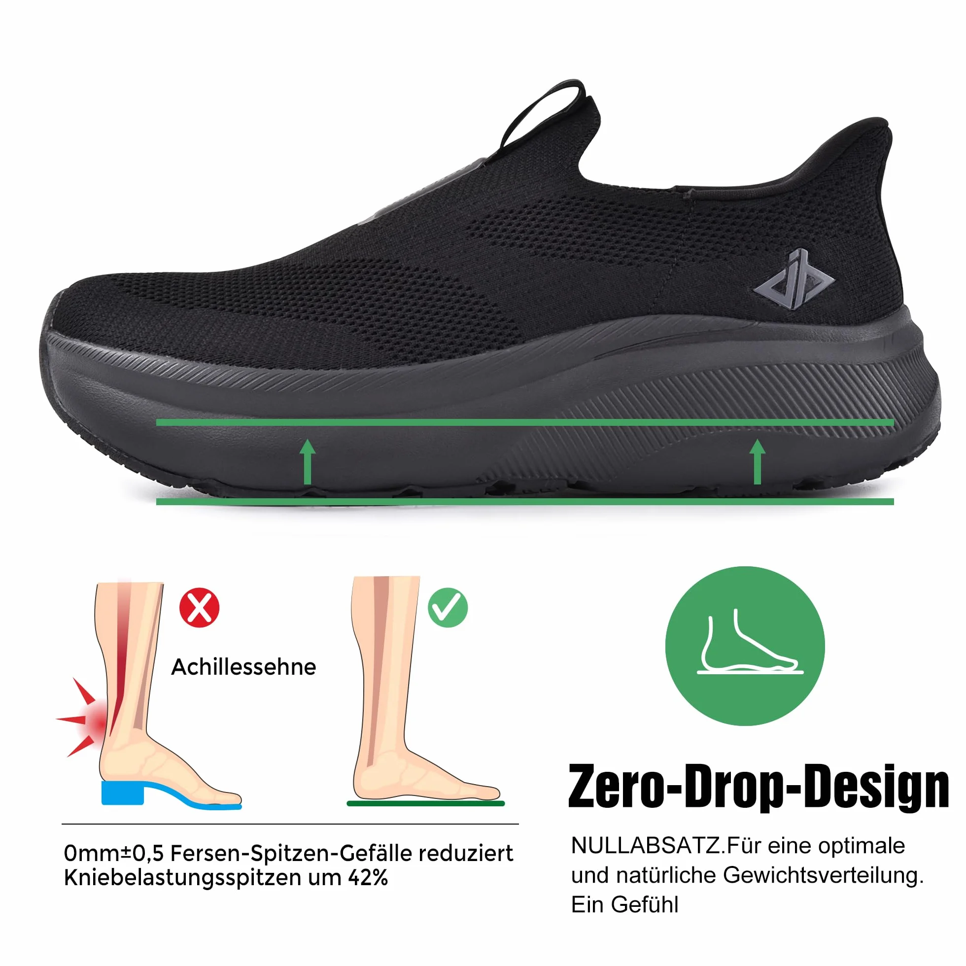 JACKSHIBO Slip a mano libera in scarpe da uomo, slip on sneakers, supporto per l'arco, scarpe ortopediche in memory foam, scarpe da passeggio, con ampia scatola a punta zero, suole, Nero , 47 EU Larga