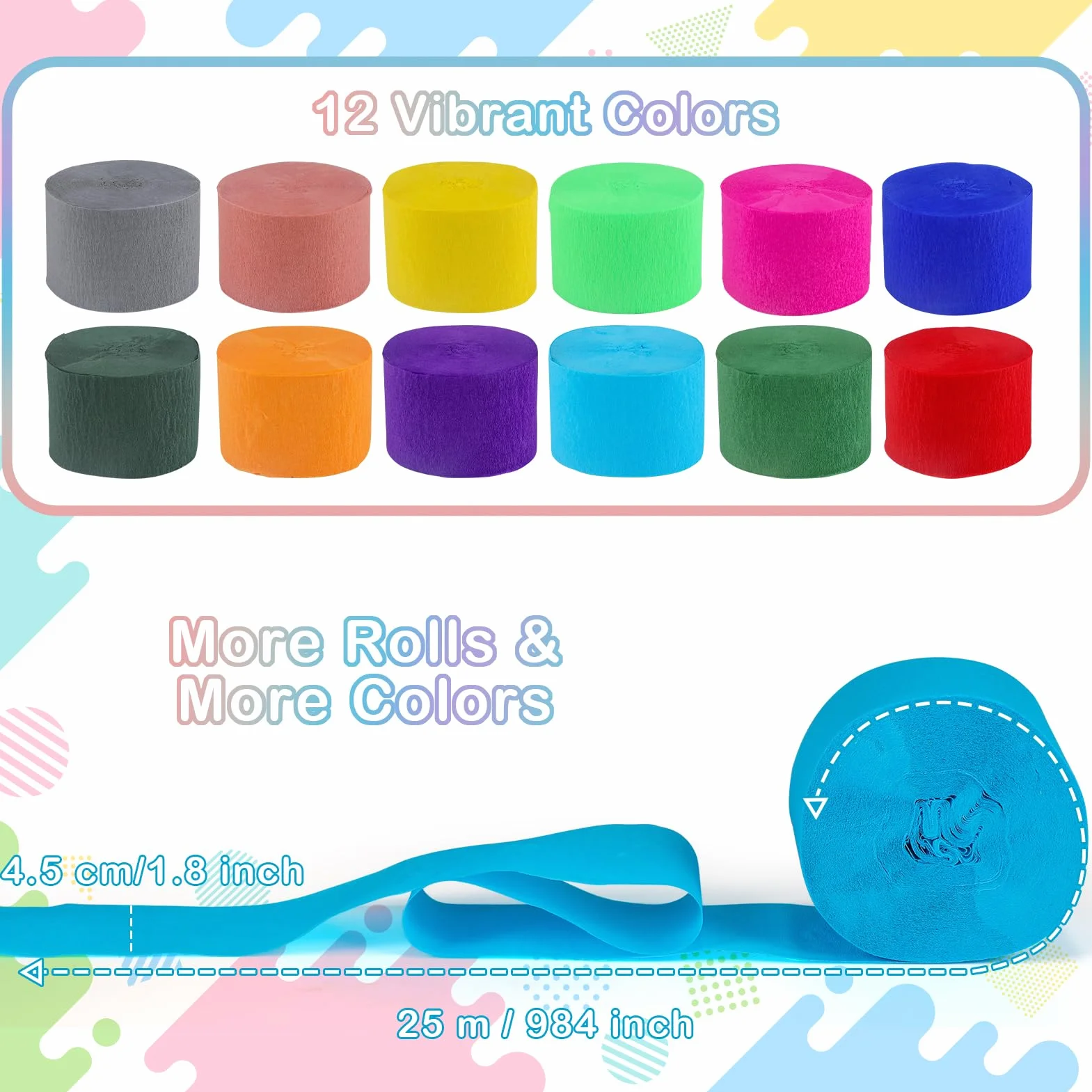 VABNEER 12 Rotoli Carta Crespa Colorata 4,5 cm x 25 m Feste Matrimoni Compleanni