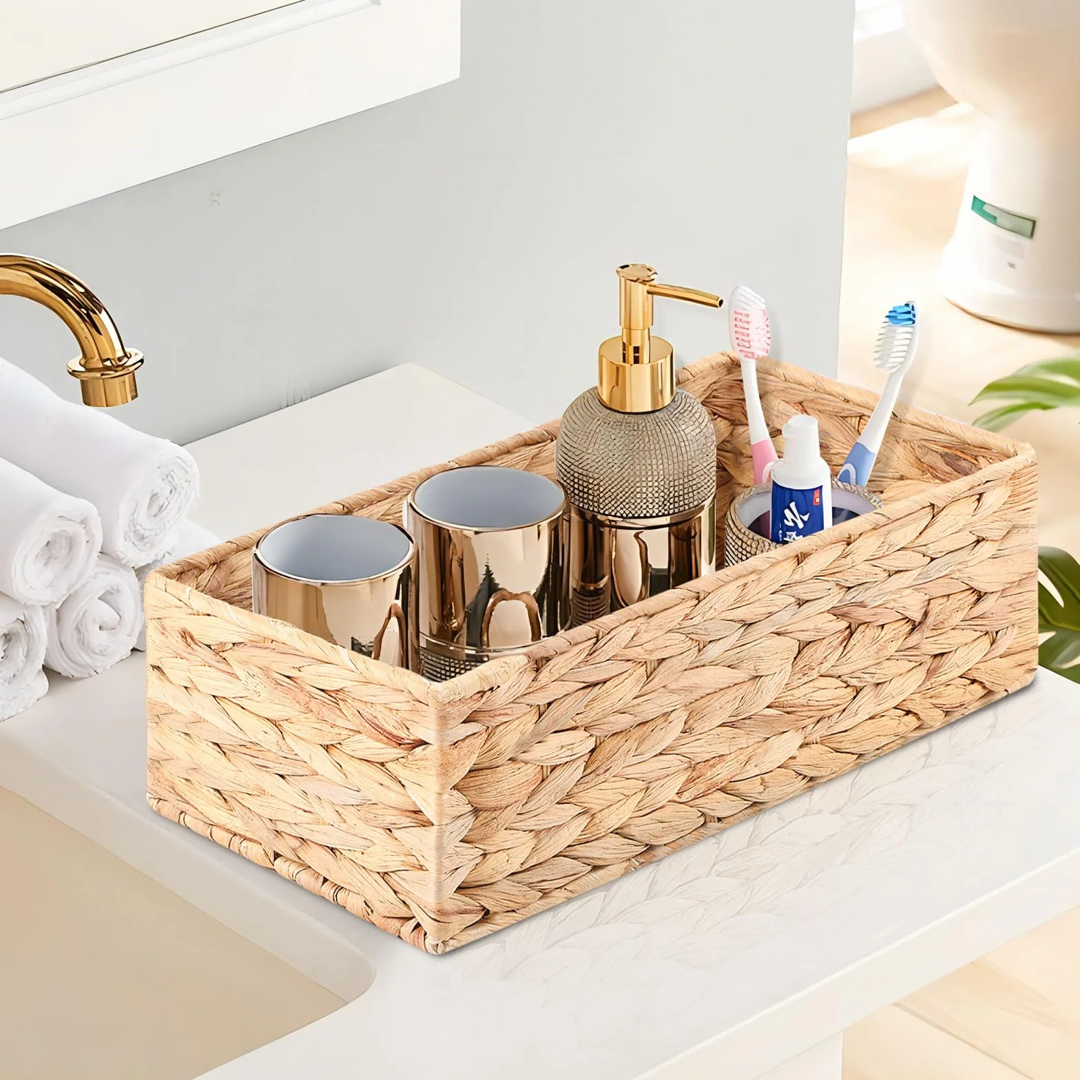 Cestini Portaoggetti Intrecciato in Vimini Giacinto d'Acqua, Grande 37×16.5×11 cm e Piccola 33×12.5×10 cm, Set di 2