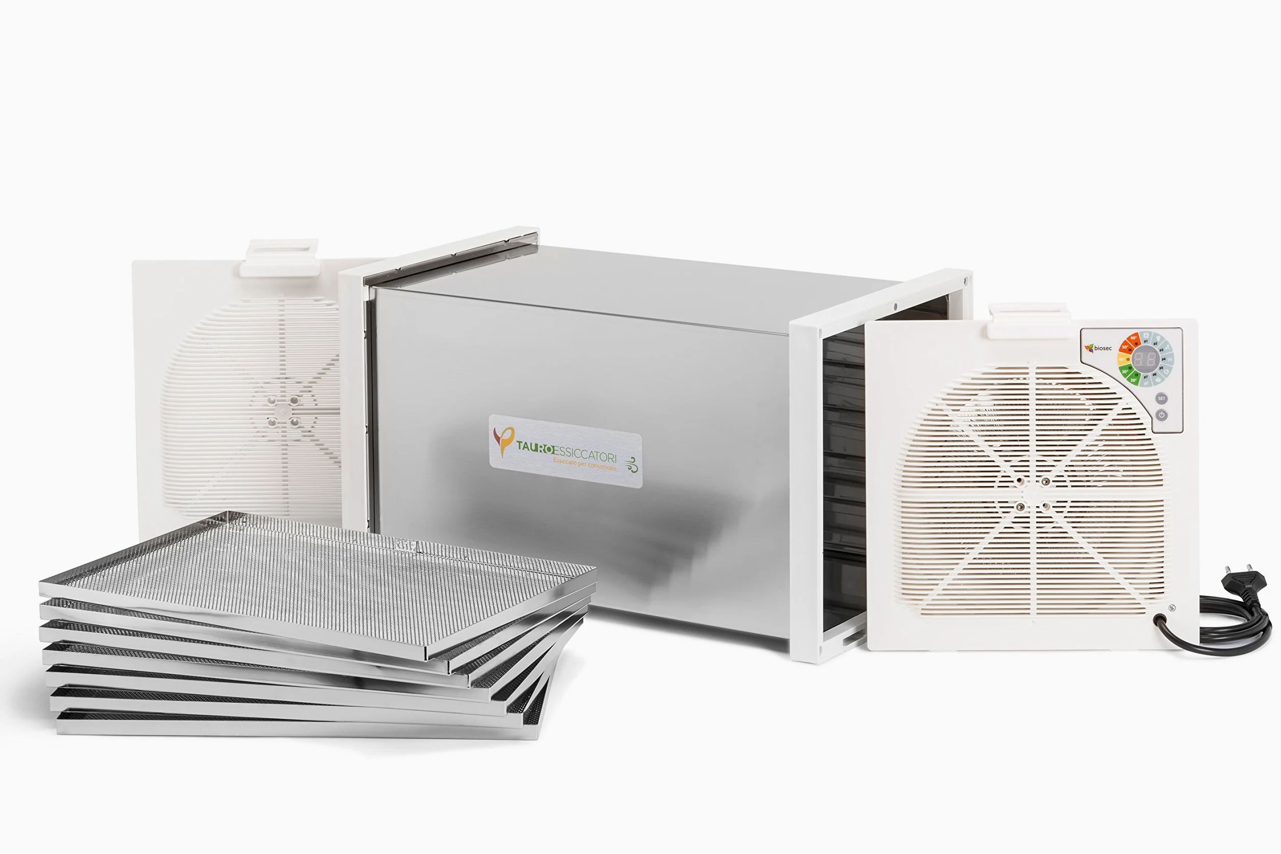 Tauro Essiccatori, Essiccatore alimentare Biosec Deluxe B6 a flusso orizzontale Made in Italy in acciaio inox con 6 cestelli, potenza 550W essicca fino a 3,5Kg