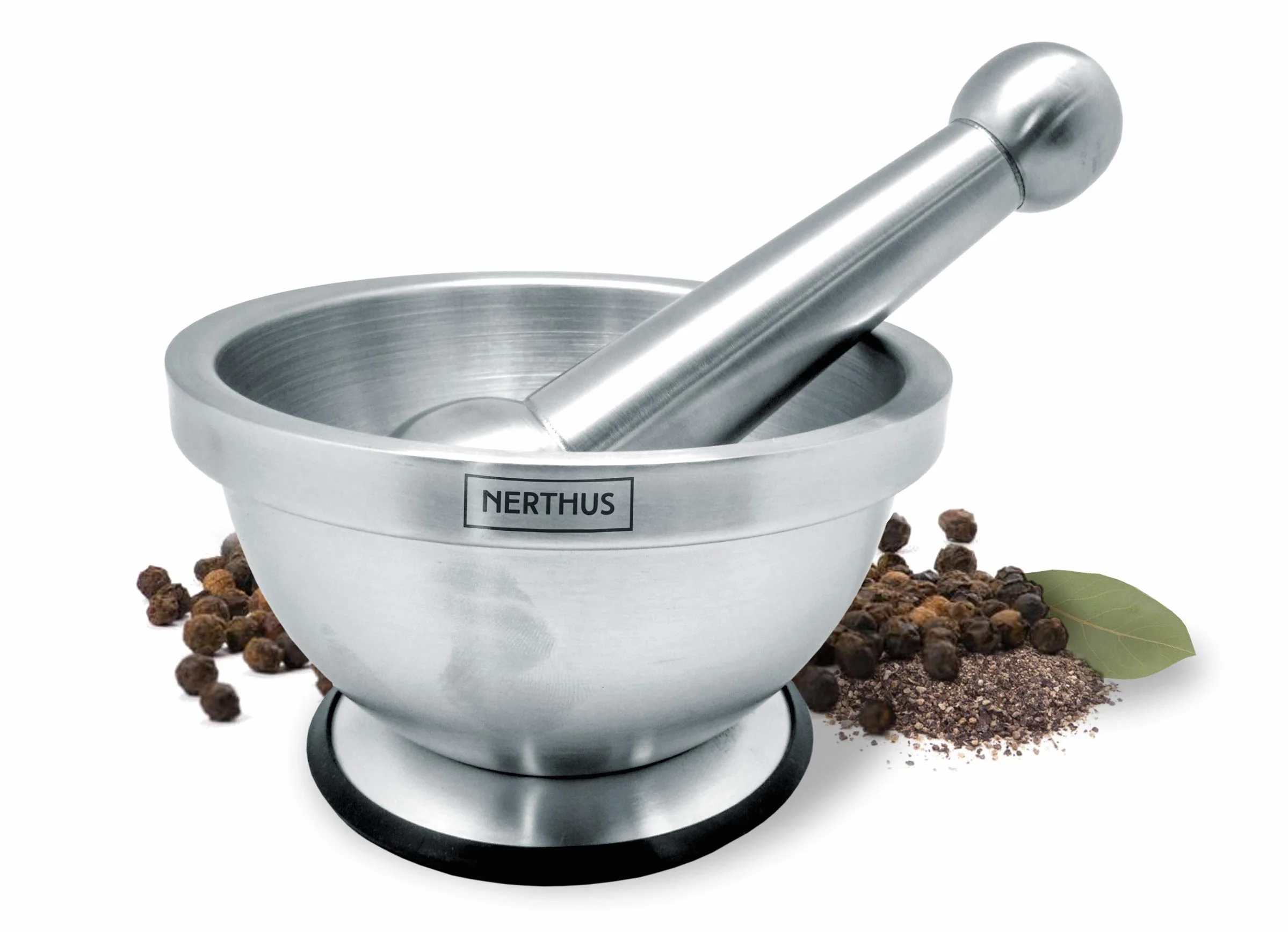 Nerthus FIH 020 mortaio acciaio inox con pestello base antiscivolo per spezie salse cucina