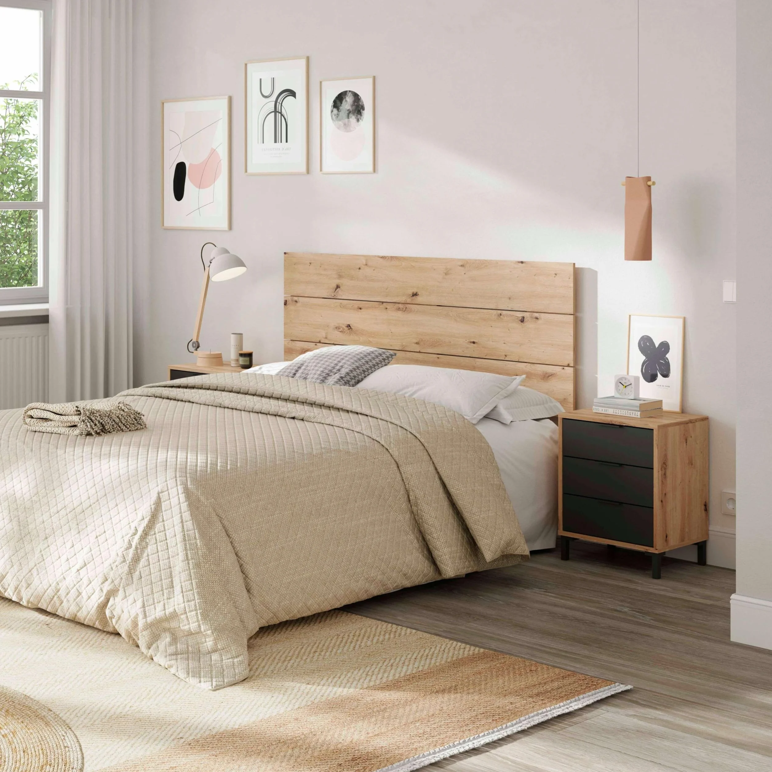 Testina + 2 comodini di notte, testiera per letto matrimoniale, modello Enzo, finitura in rovere Nodi e grigio antracite, Dimensioni: 160 cm (larghezza) x 60 cm (altezza) x 2,5 cm (profondità)