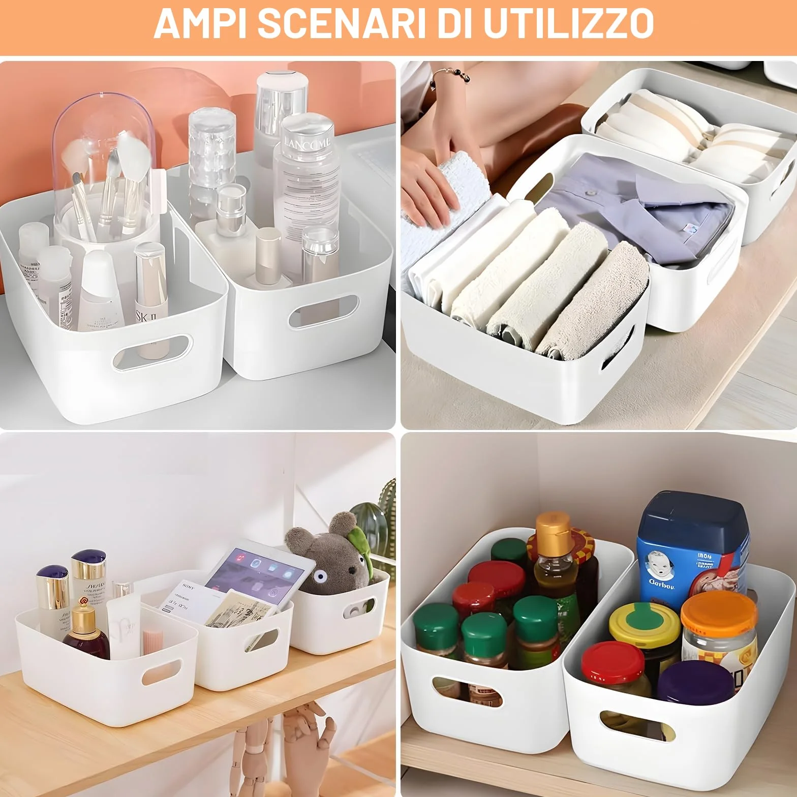 Cestino Portaoggetti Plastica Bianco con Manici 10 Pezzi per Bagno Cucina Armadio