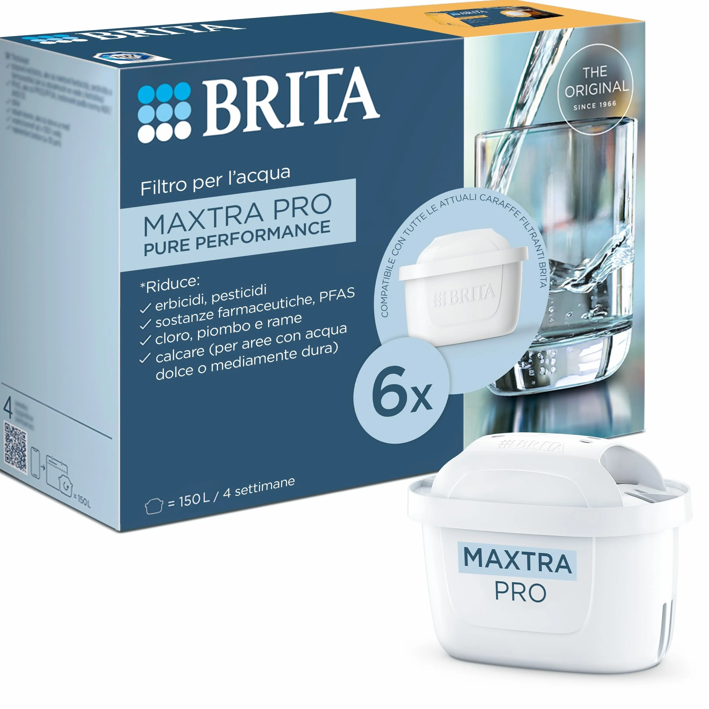 BRITA MAXTRA PRO Pure Performance filtri acqua rubinetto confezione da 6, riduce cloro calcare PFAS metalli