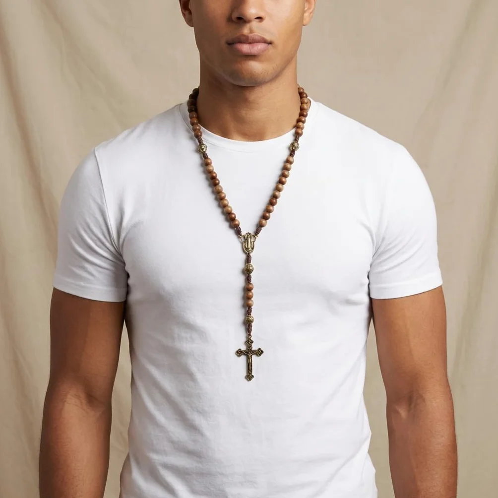 Alexander Castle - Collana Rosario in Legno Marrone, Argento, Unisex Adulti
