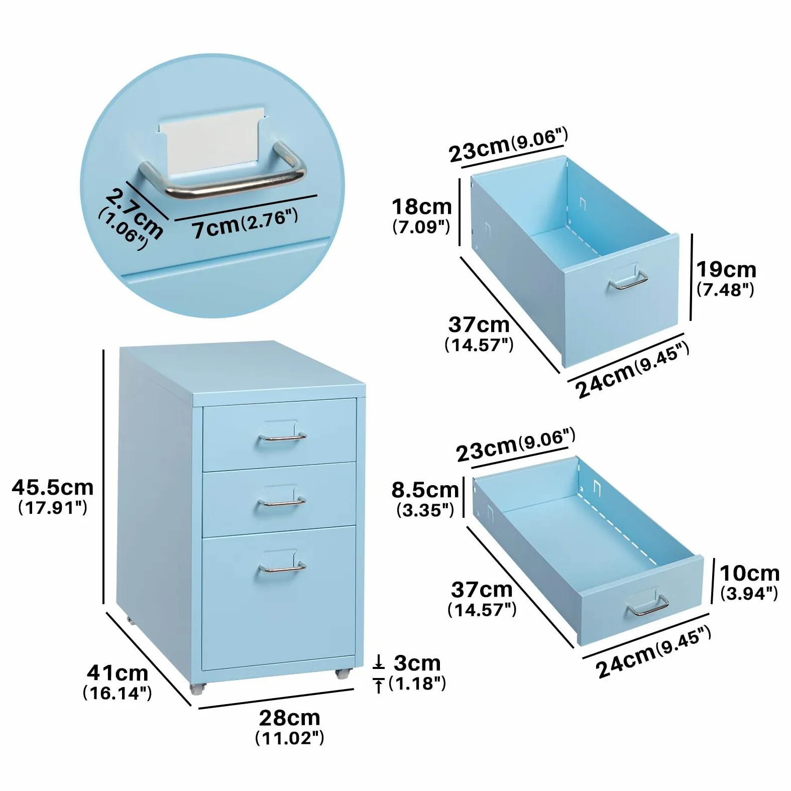 HollyHOME Schedario Mobile a 3 Cassetti, Organizzatore Portadocumenti Sotto Scrivania su Rotelle, Armadietto Portadocumenti in Metallo con Rotelle per Casa e Ufficio, Azzurro