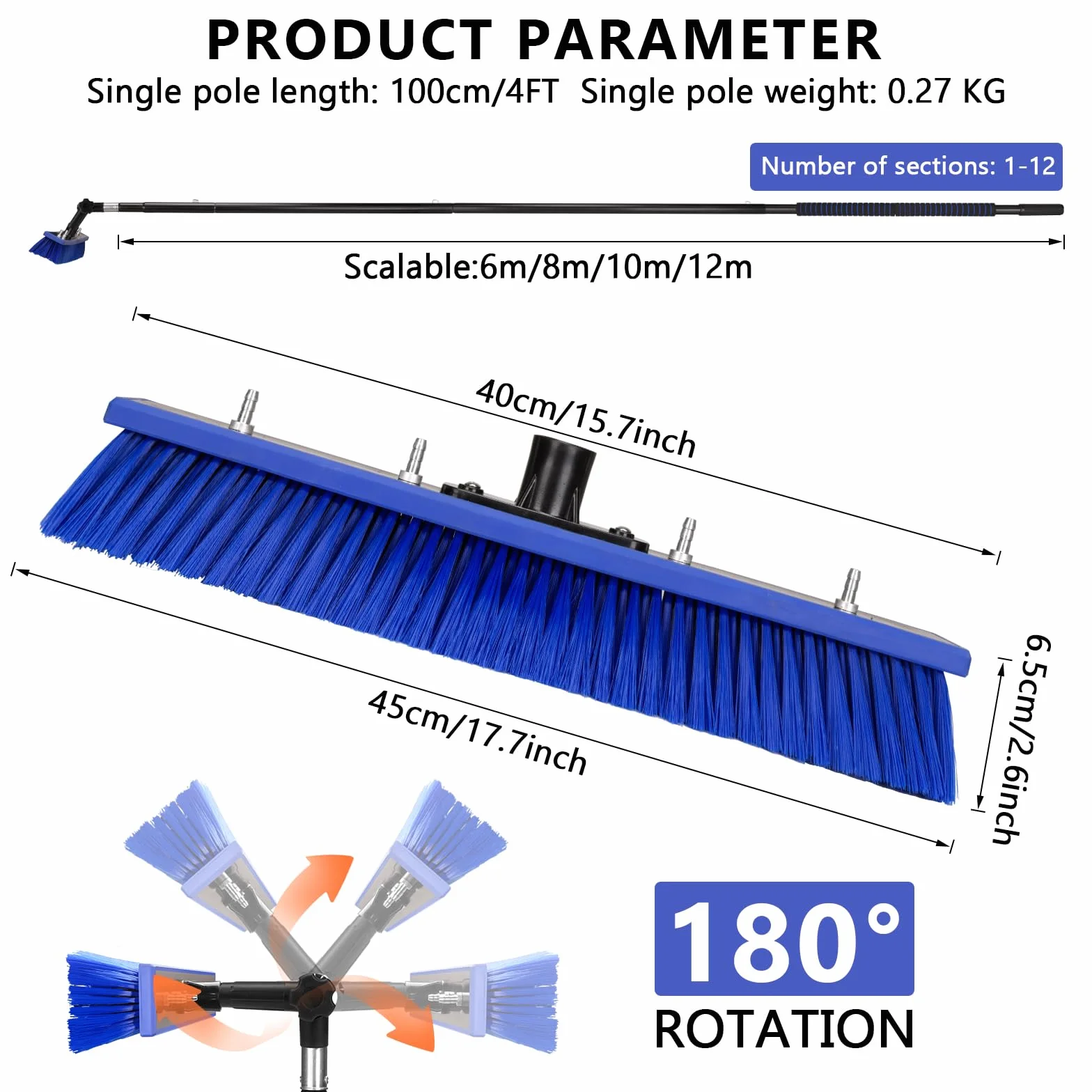 Kit pulizia pannelli fotovoltaici, 12 Metri pulitore regolabile in lunghezza per la Pulizia delle finestre, spazzola telescopica set per pannelli solari e finestre (12M)