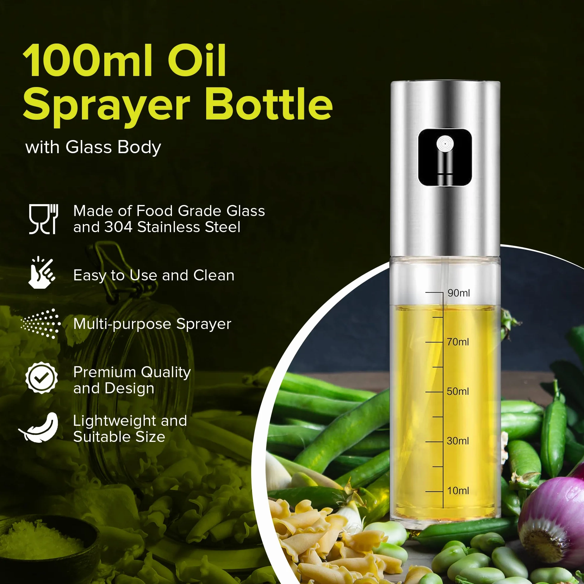 PORTENTUM Spruzzatore Olio Spray Acciaio Inox 100ml Oliera Vetro Cucina Friggitrice Aria