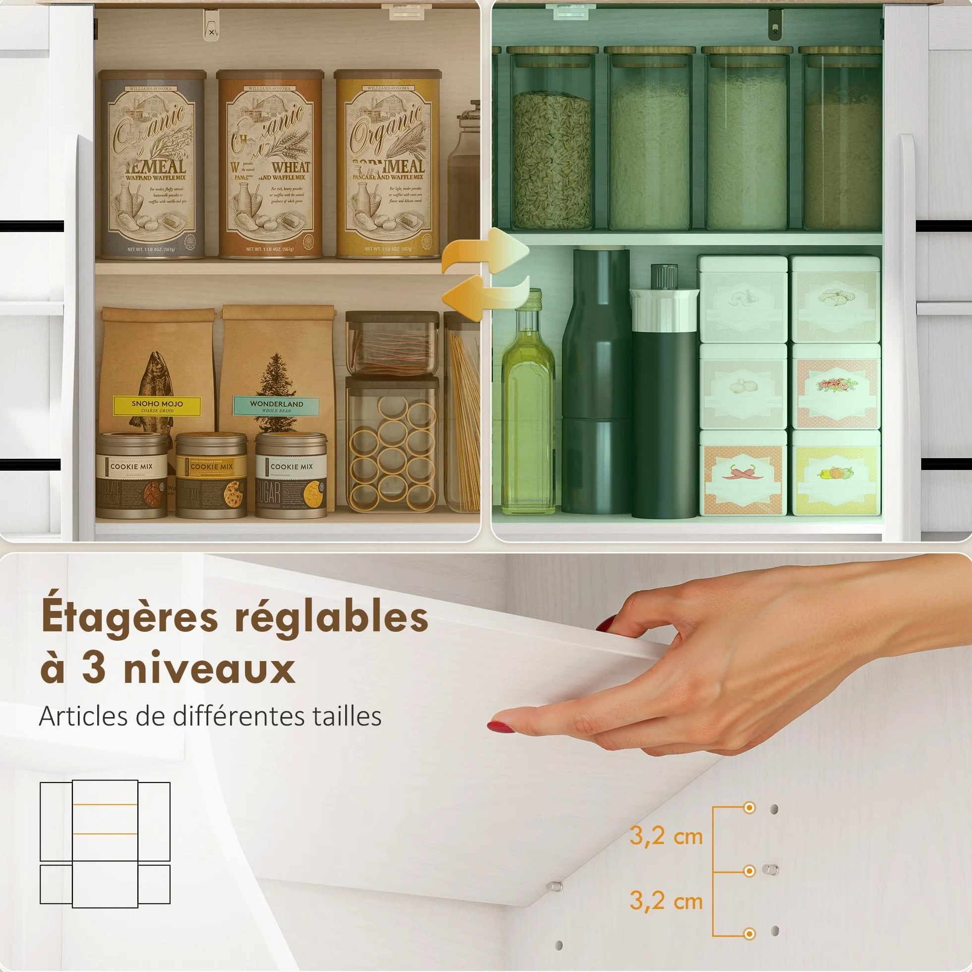 HOMCOM Credenza da cucina, mobile da cucina, mobile per porcellane, 4 ante, 6 portaspezie e ripiani regolabili, stile rustico, mobile contenitore per soggiorno, sala da pranzo, 76,3 x 40 x 136 cm,