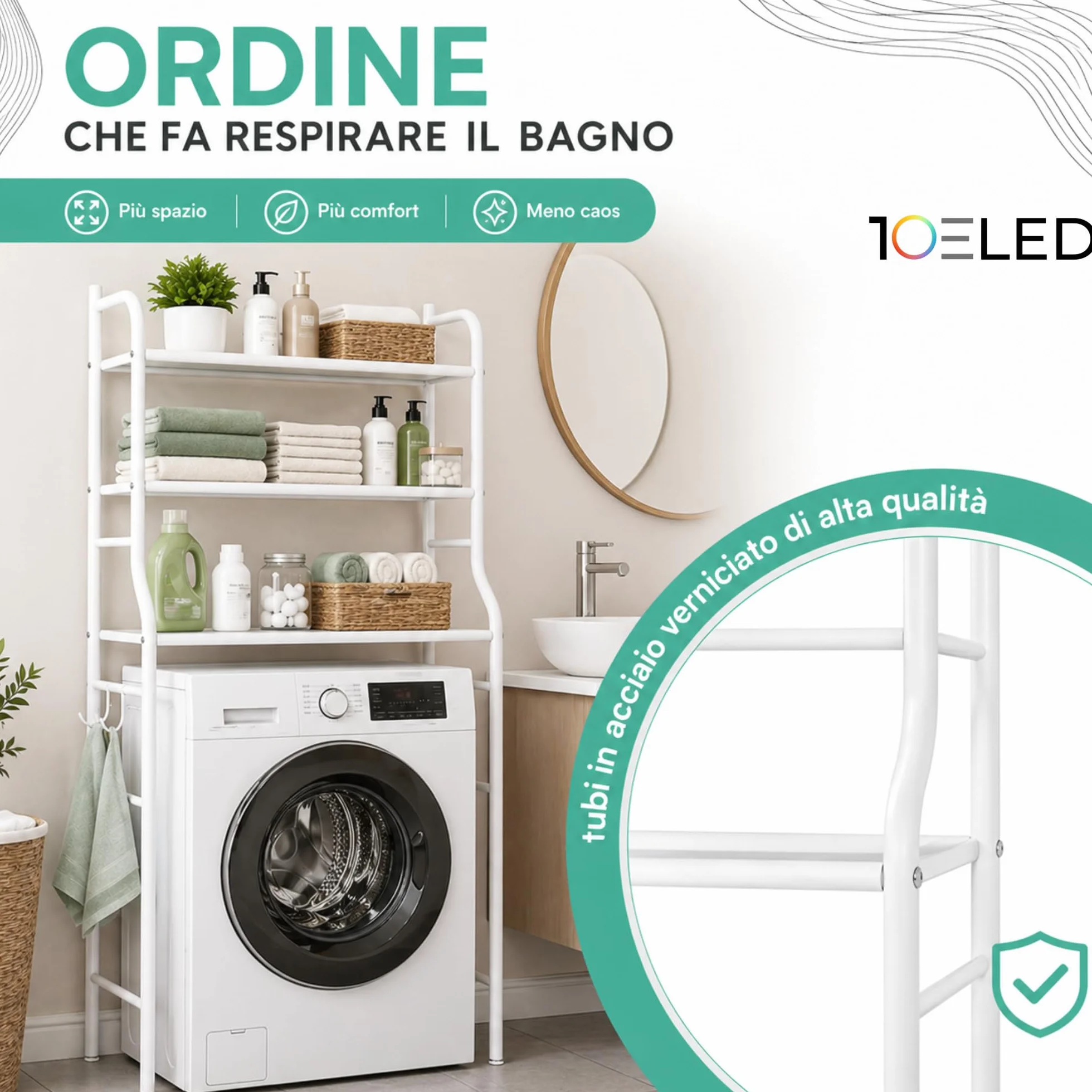 Stabile Mobile Lavatrice Salvaspazio 3 Ripiani Scaffale Organizer Bagno Lavanderia Acciaio con Ganci Laterali Piedini Regolabili