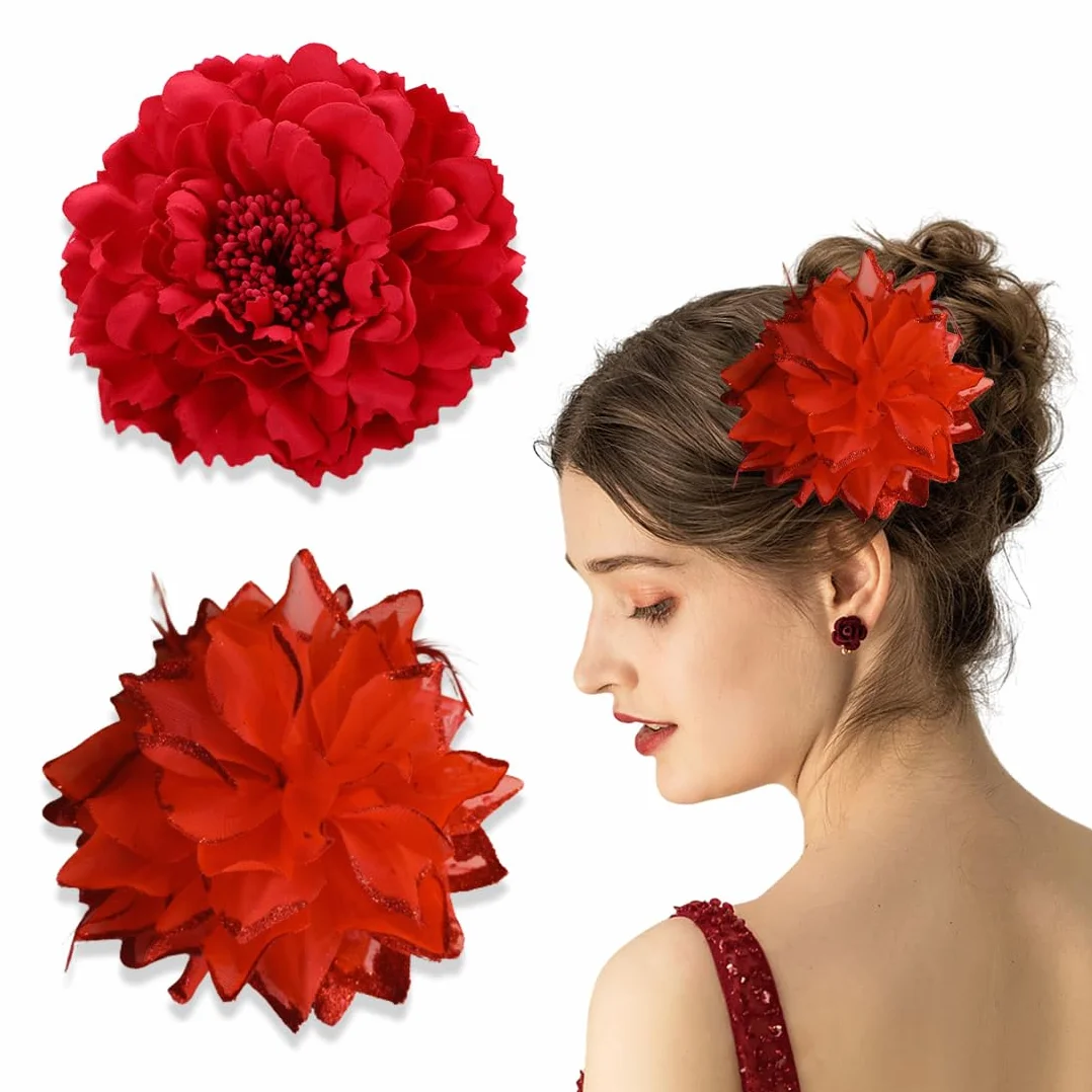 Fermaglio Hawaiana Fiori Orchidea Nuziale Capelli Clip Chiffon Rosso 2 Pezzi