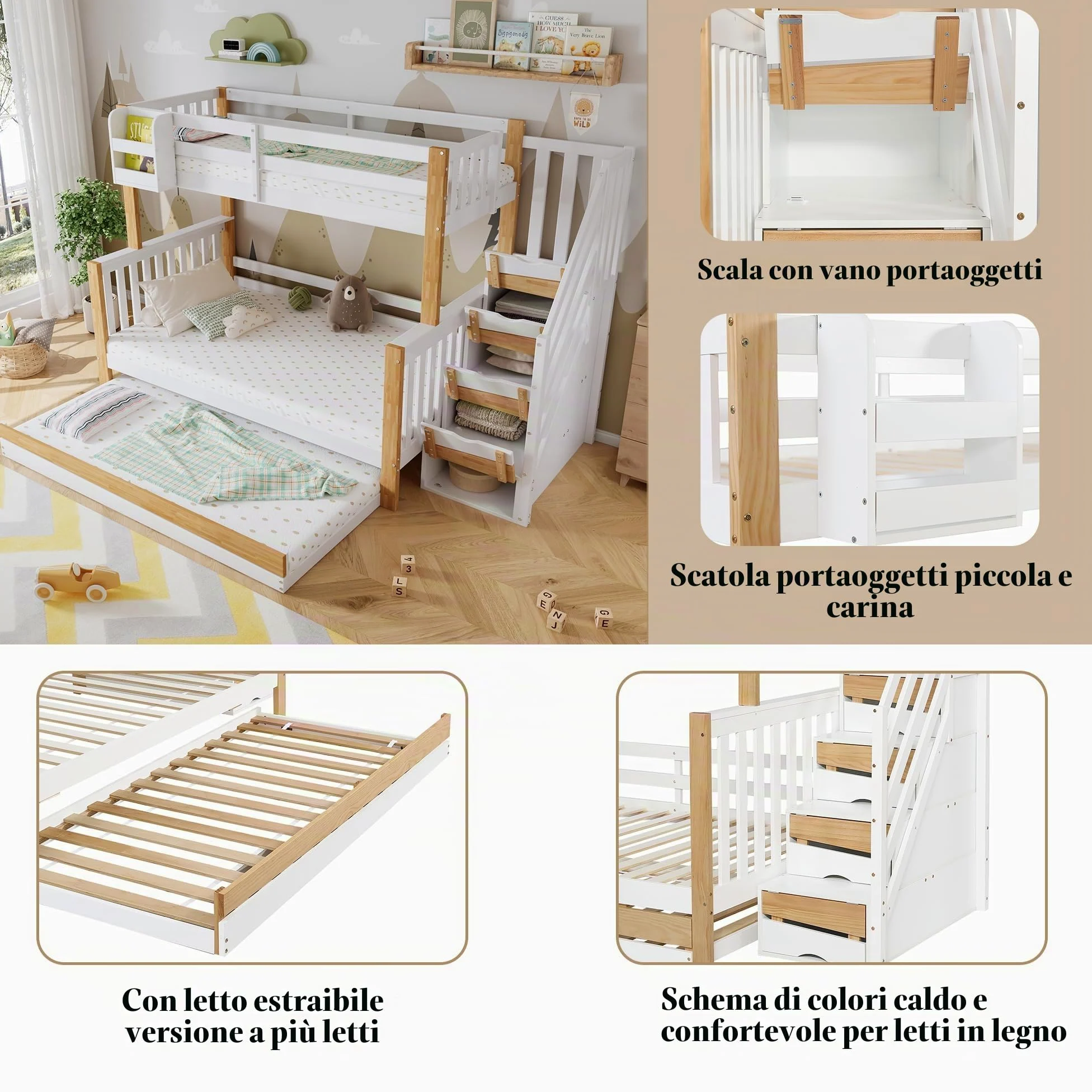 Letto a castello 90 x 200 e 120 x 200 cm, con letto a rotelle, design speciale di rivestimento della porta, scala angolare, pino+MDF, bianco e naturale
