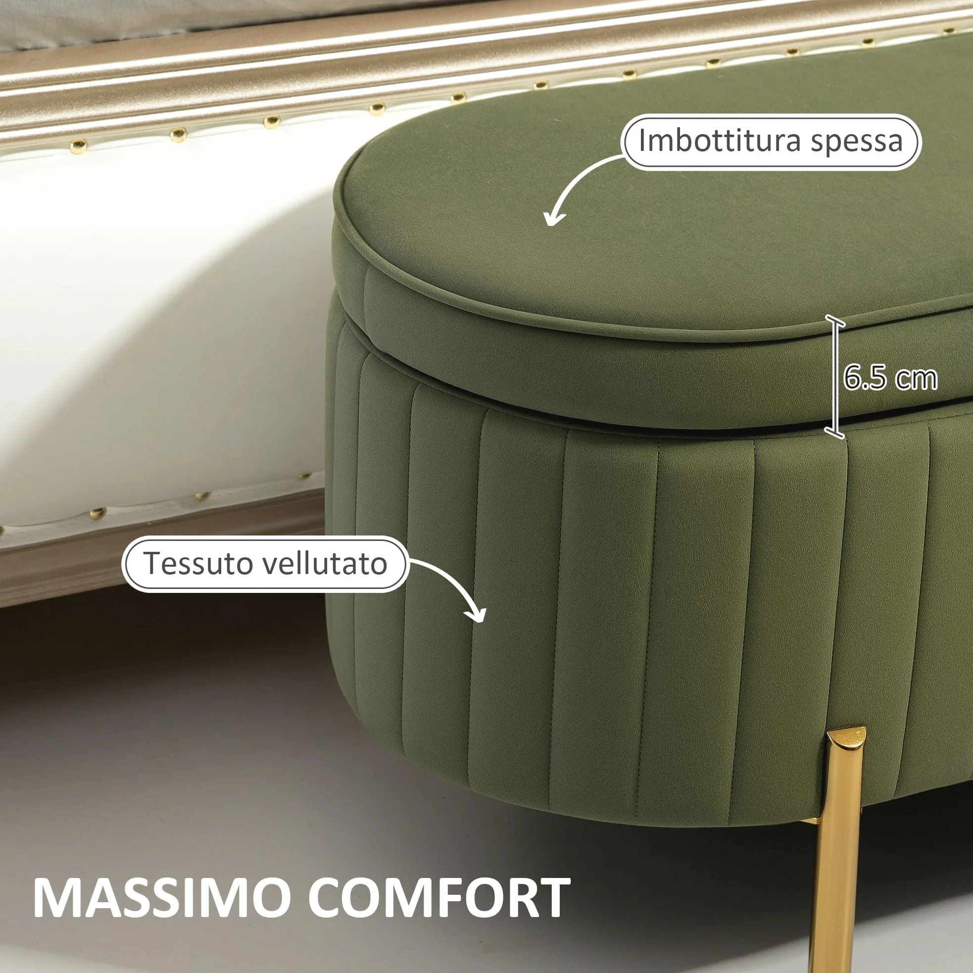 HOMCOM Panca Contenitore Ingresso Ovale 72L Design Scanalato con Coperchio Sollevabile, Seduta Imbottita, Panca Fondo Letto Pouf Cassapanca in Velluto e Struttura in Legno di Pino, 108x44x43.5cm,Verde